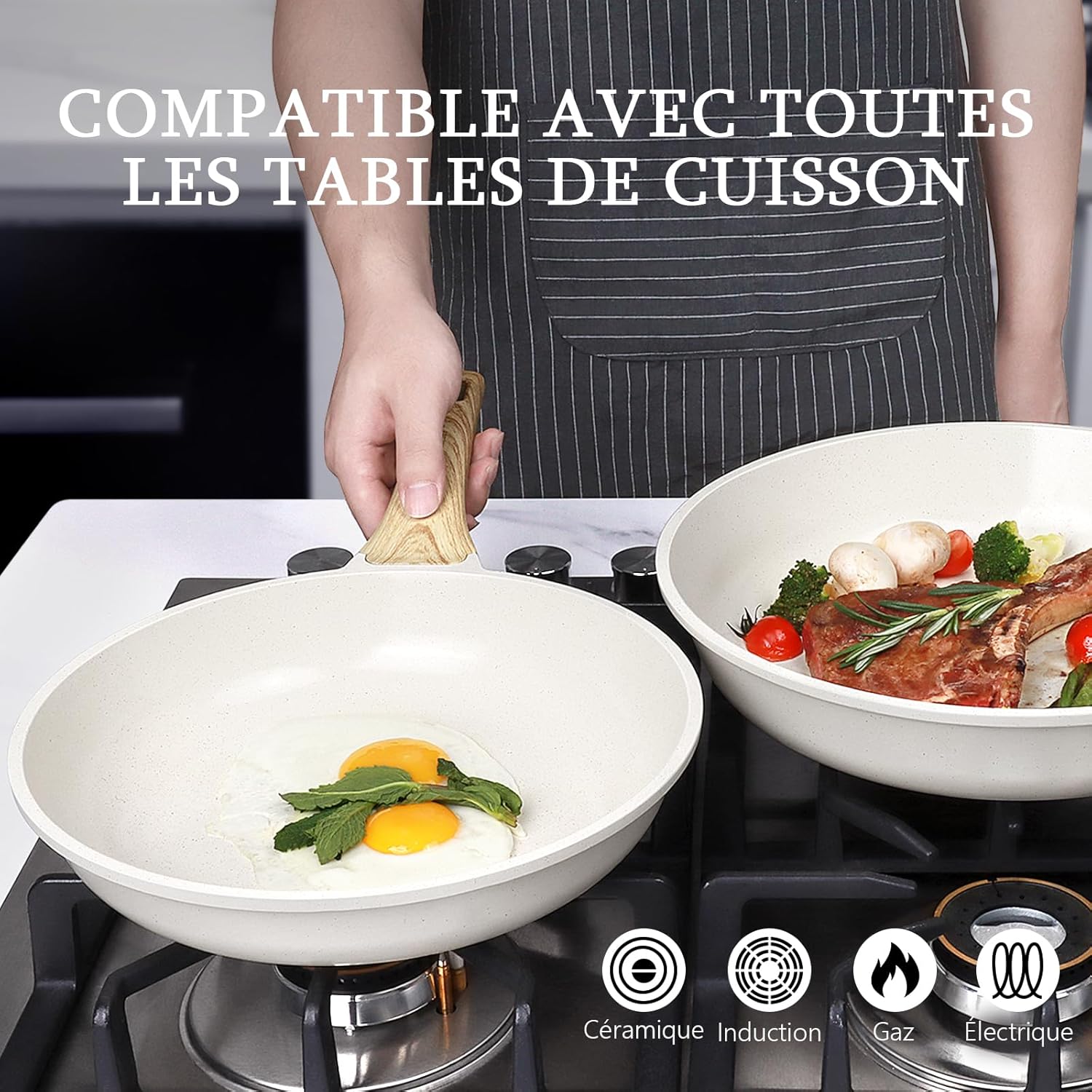 GiPP - poêle à frire granit série blanche - 26 cm - antiadhésive, induction, sans PFAS/PFOA, manche froid, avec couvercl