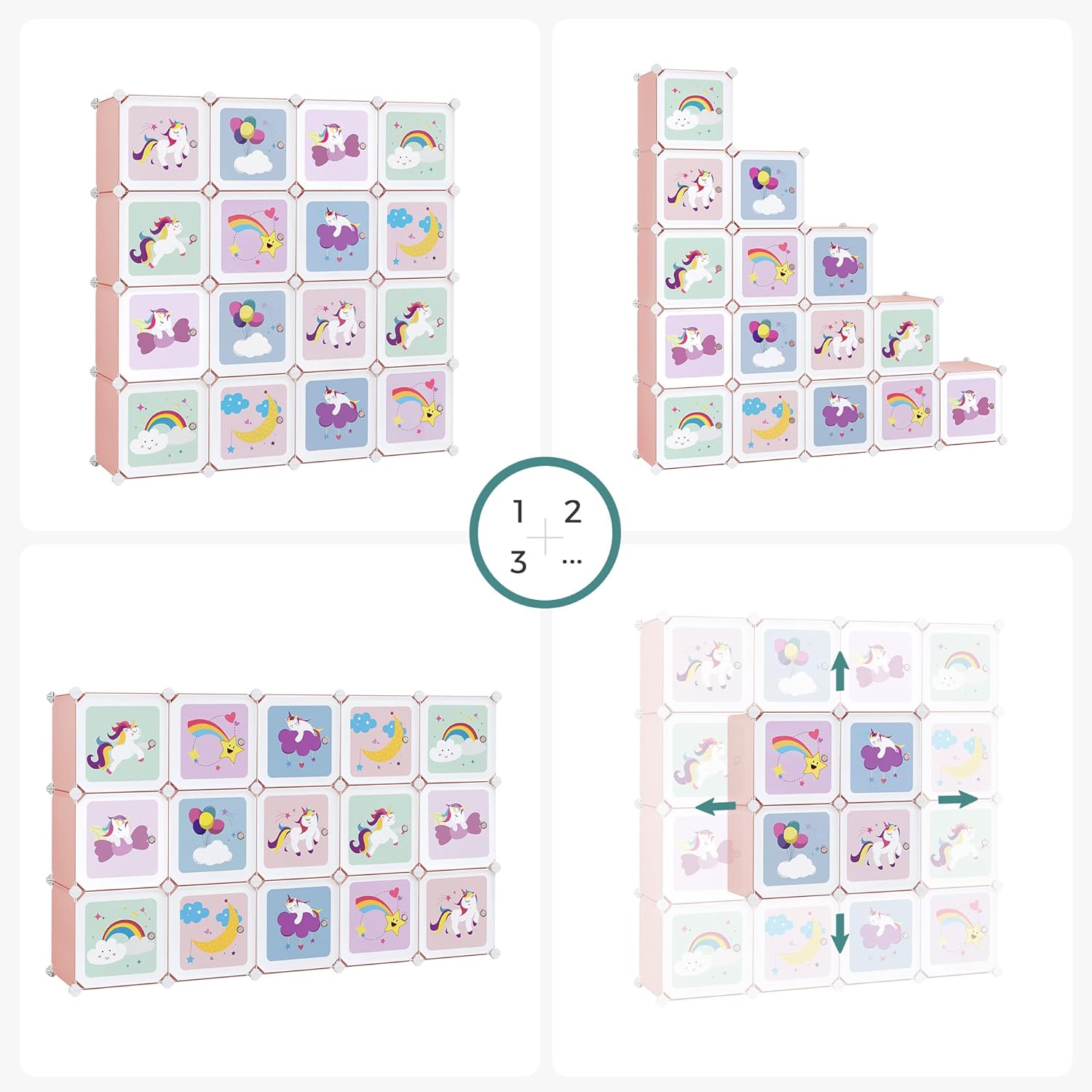 SONGMICS - armoire modulable enfant - 123x31x123cm - 16 cubes, portes, rose LPC906P01