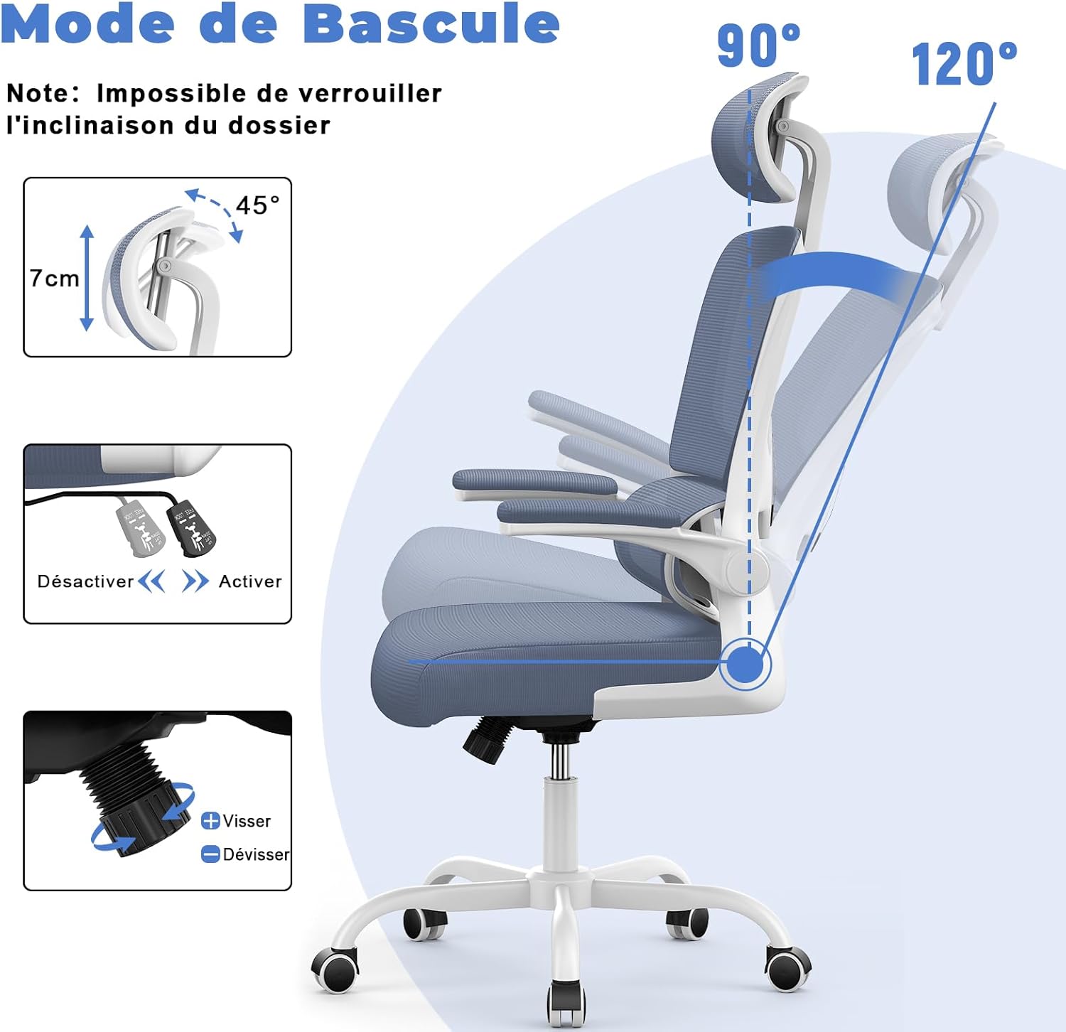 Chaise de bureau ergonomique - dossier/appui-tête réglables - support lombaire, accoudoirs réversibles, maille respirant