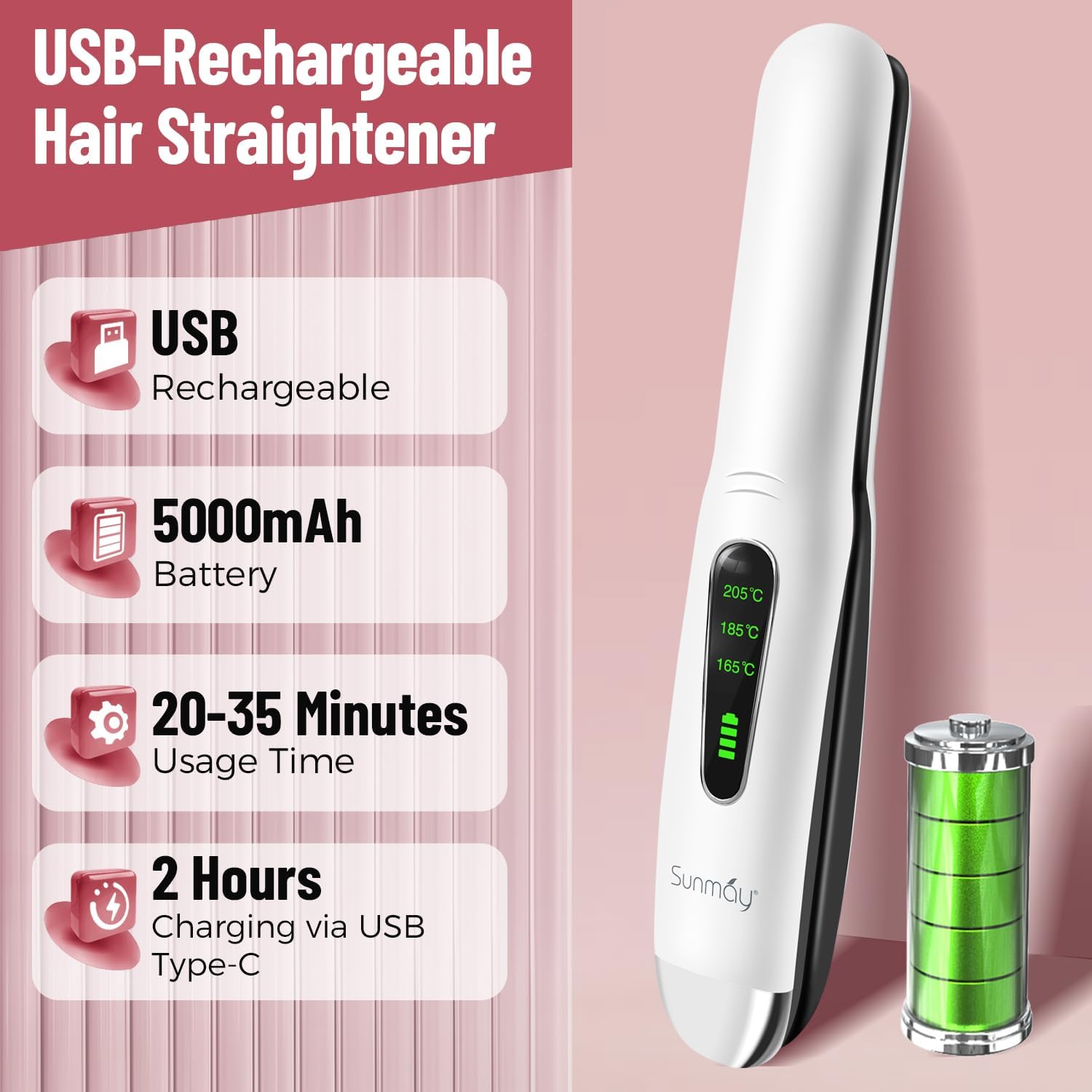 SUNMAY - Voga - mini taille - lisseur boucleur titane, sans fil, 3 T°, USB, 5000mAh