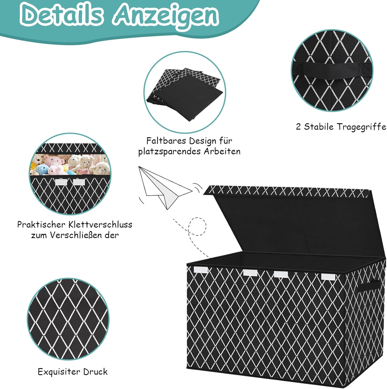 Boîte à jouets - coffre motif carreaux noirs, poignées, couvercle, rangement chambre enfant