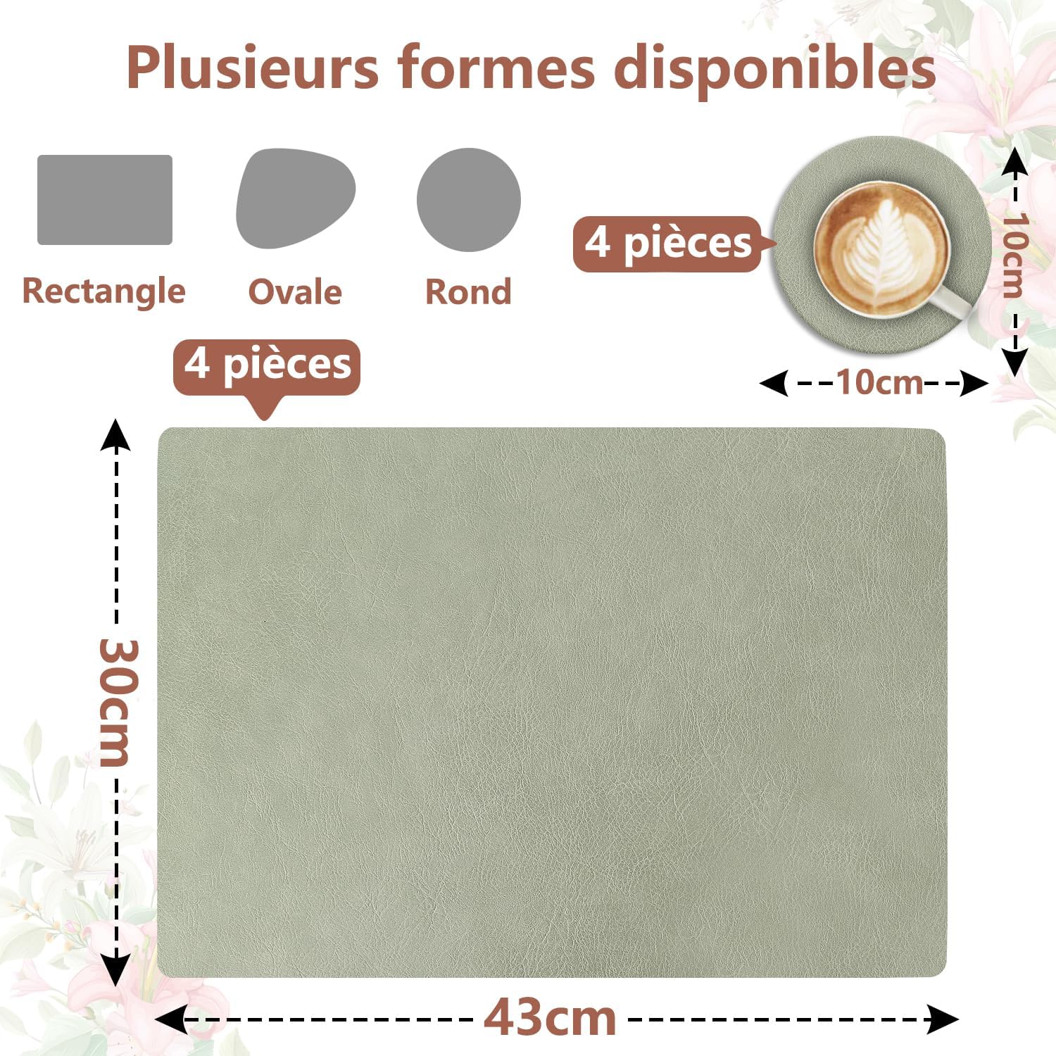 Set de table - cuir PU double face - 43x30cm - lavable, antidérapant, lot de 4