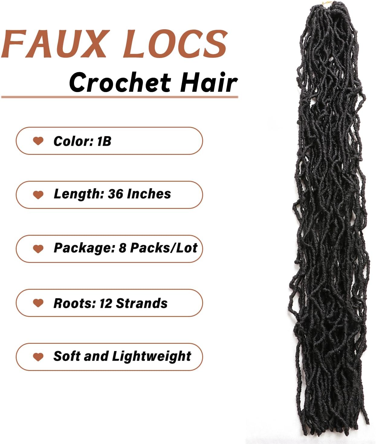Faux Locks Crochet Braids - 91.5 cm - 8 packs, mèches bouclées pour tresses