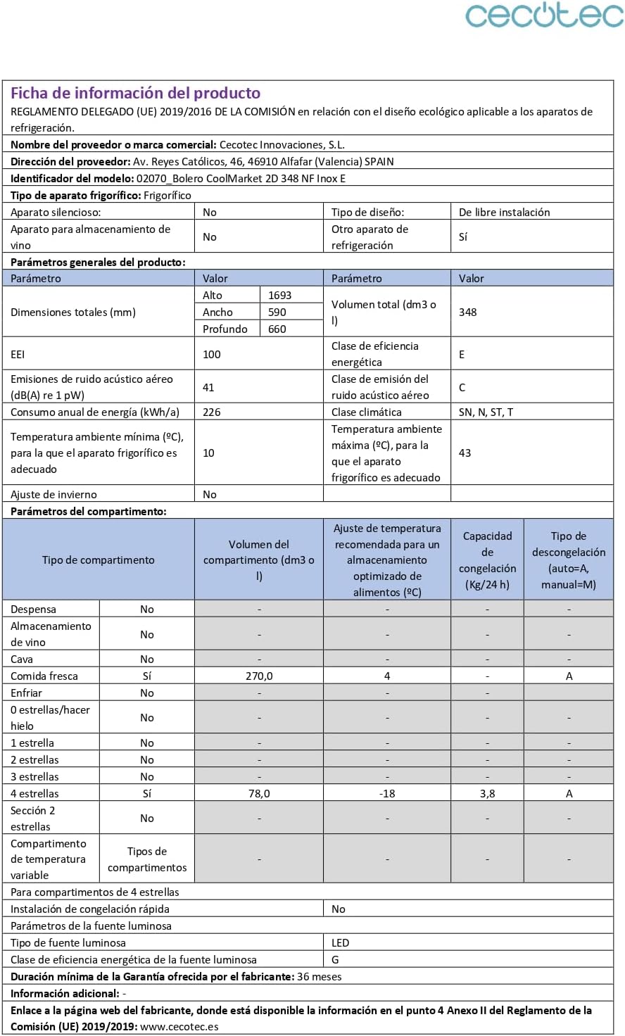 Cecotec - Bolero CoolMarket 2D - 348L - Inox, NoFrost, basse conso, 2 portes, compresseur Inverter, 348NF