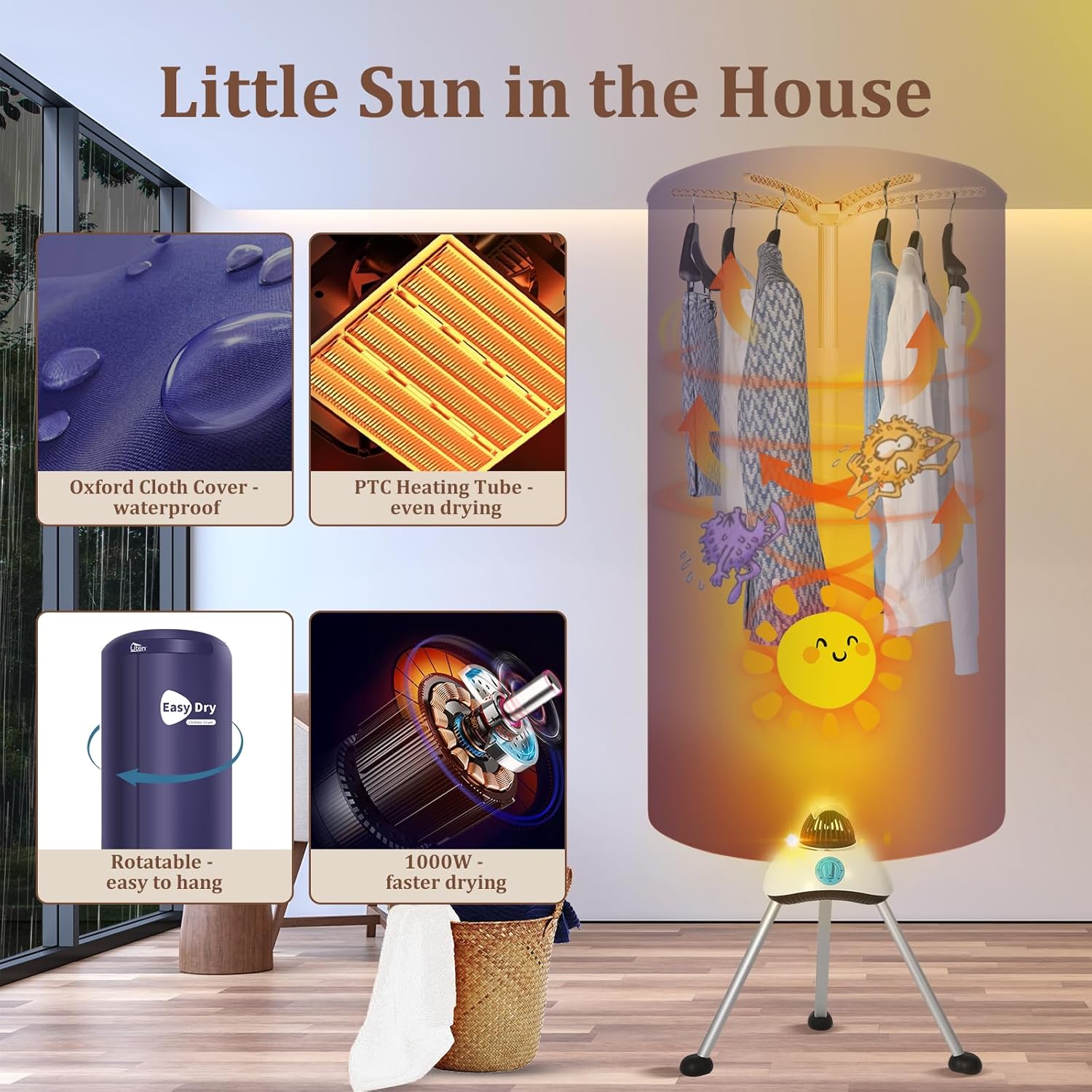 Sèche-linge électrique - 170 cm - 1000W, 2 couches, minuterie, pompe à chaleur