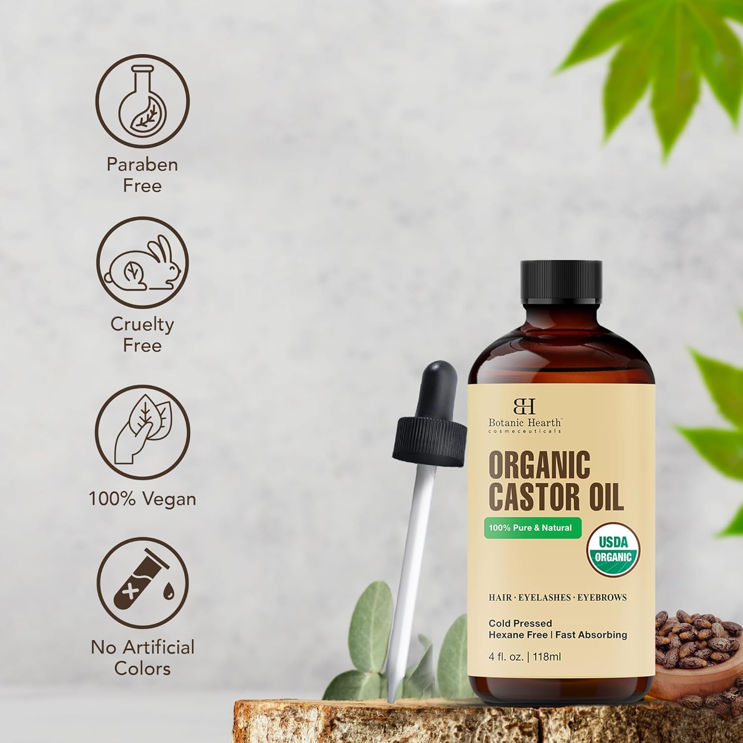 Botanic Hearth - huile de ricin bio - 118,3ml - 100% pure, pressée à froid, soin cils/sourcils/cheveux