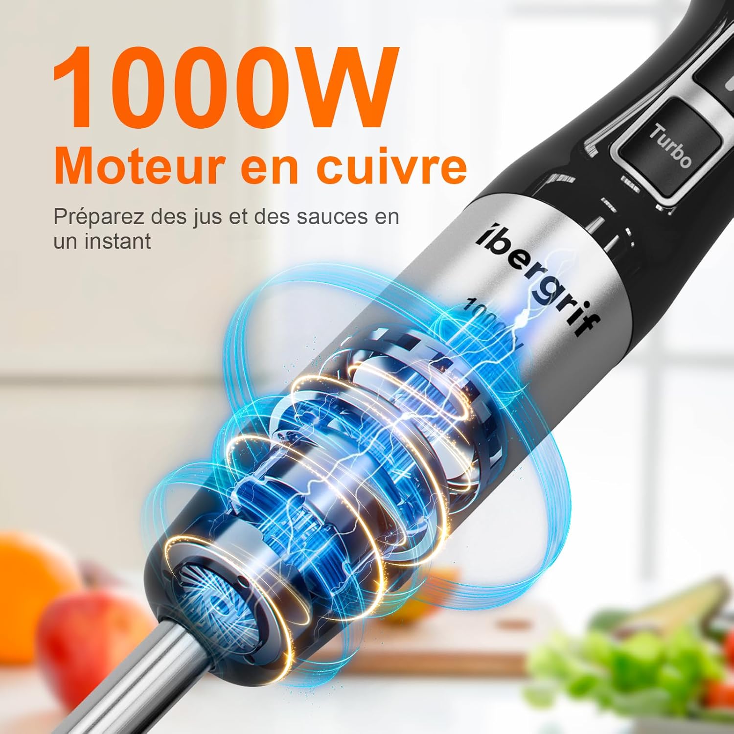 Ibergrif - Mixeur Plongeant 1000W - inox - vitesse réglable, turbo