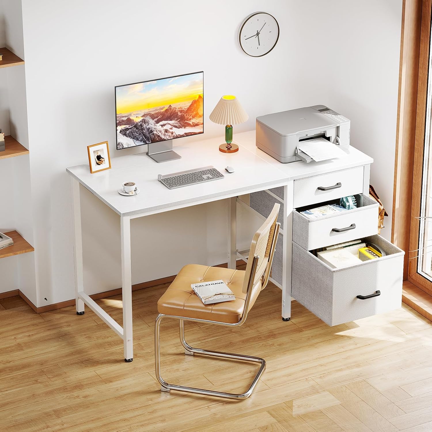 Coleshome - bureau 3 tiroirs tissu, 100x48cm, réversible, porte-casque