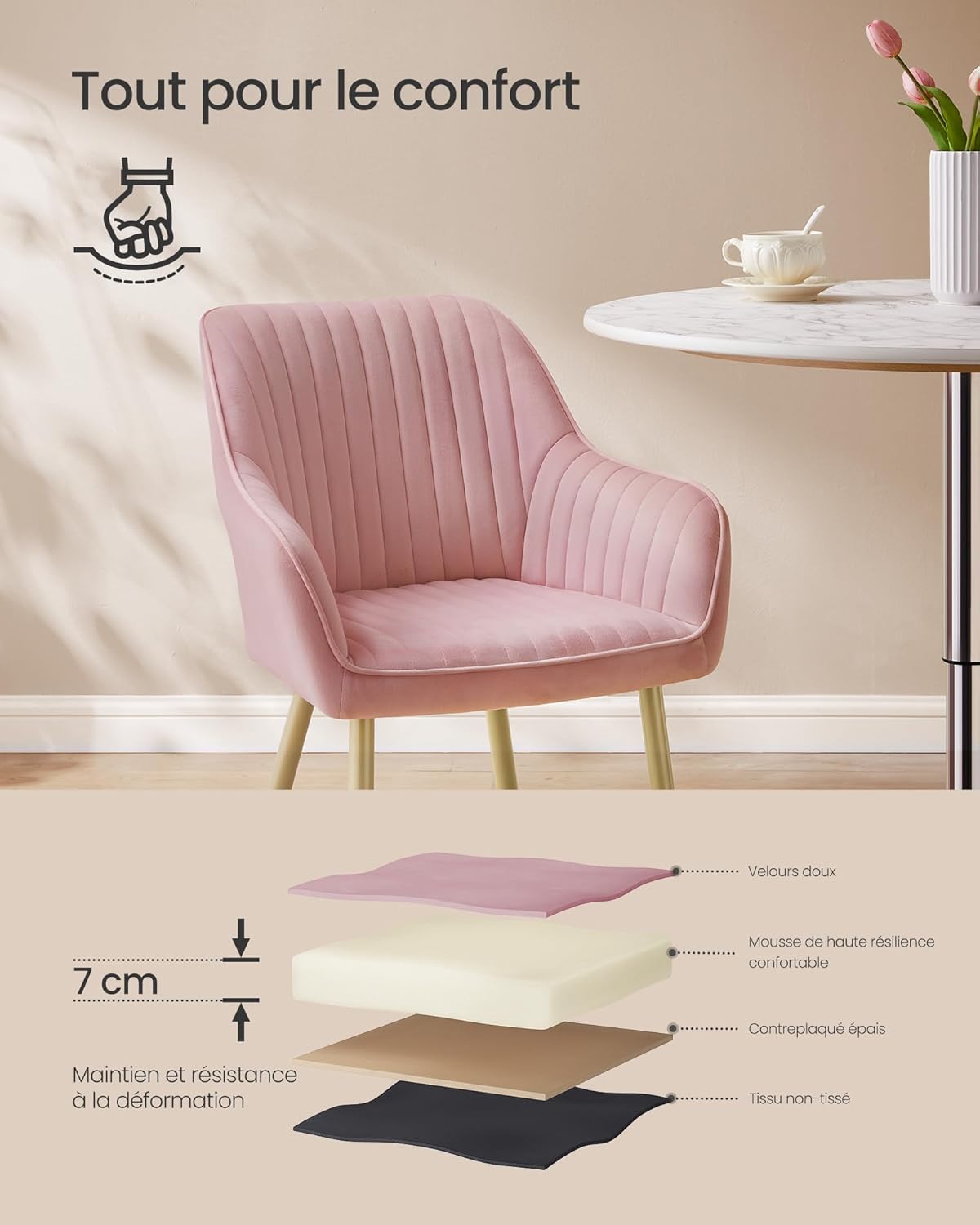 SONGMICS - fauteuil velours, pieds métal, accoudoirs, rose, 120kg - LDC087R01
