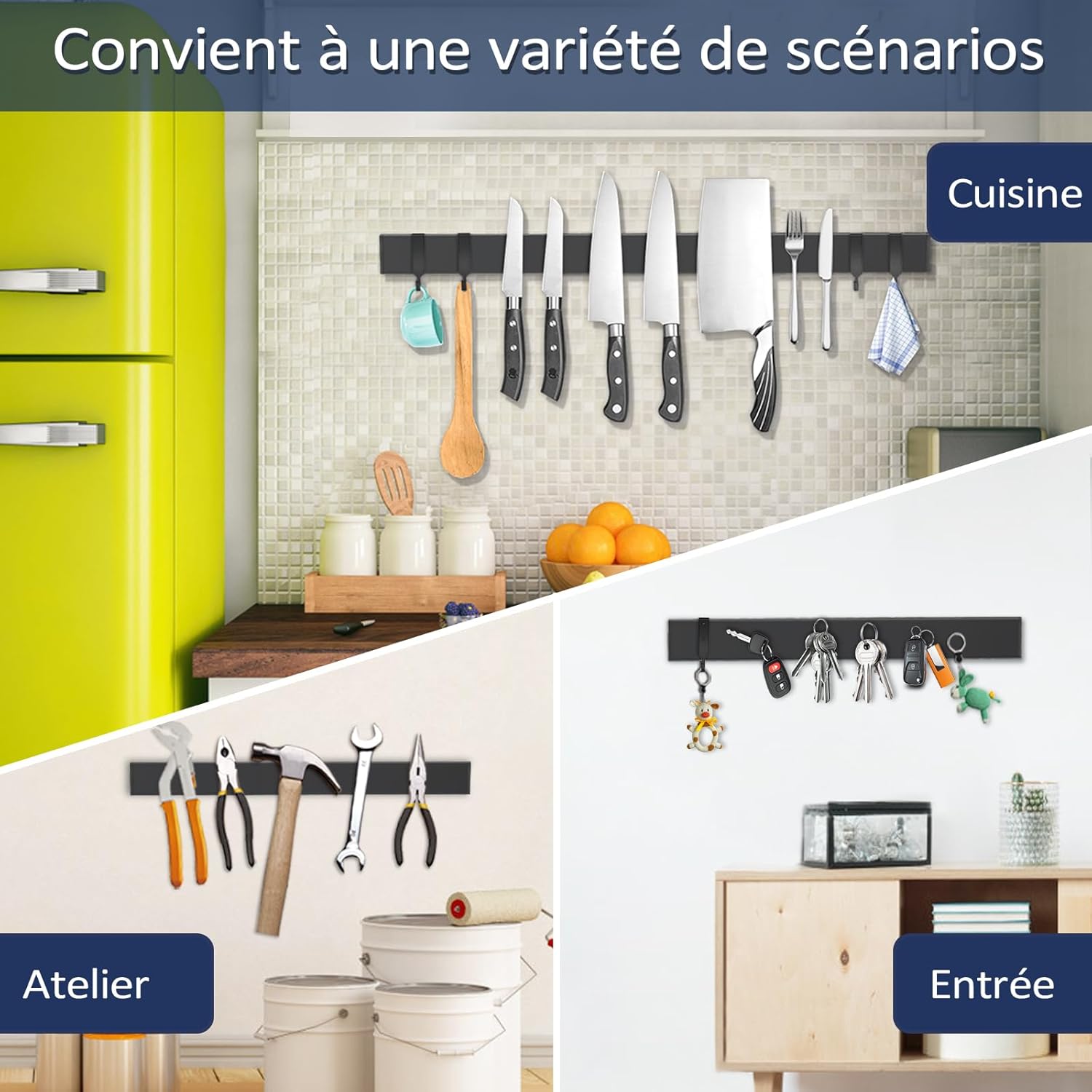 Dmore - Barre Magnétique 50 cm - 4 crochets, fixation sans perçage