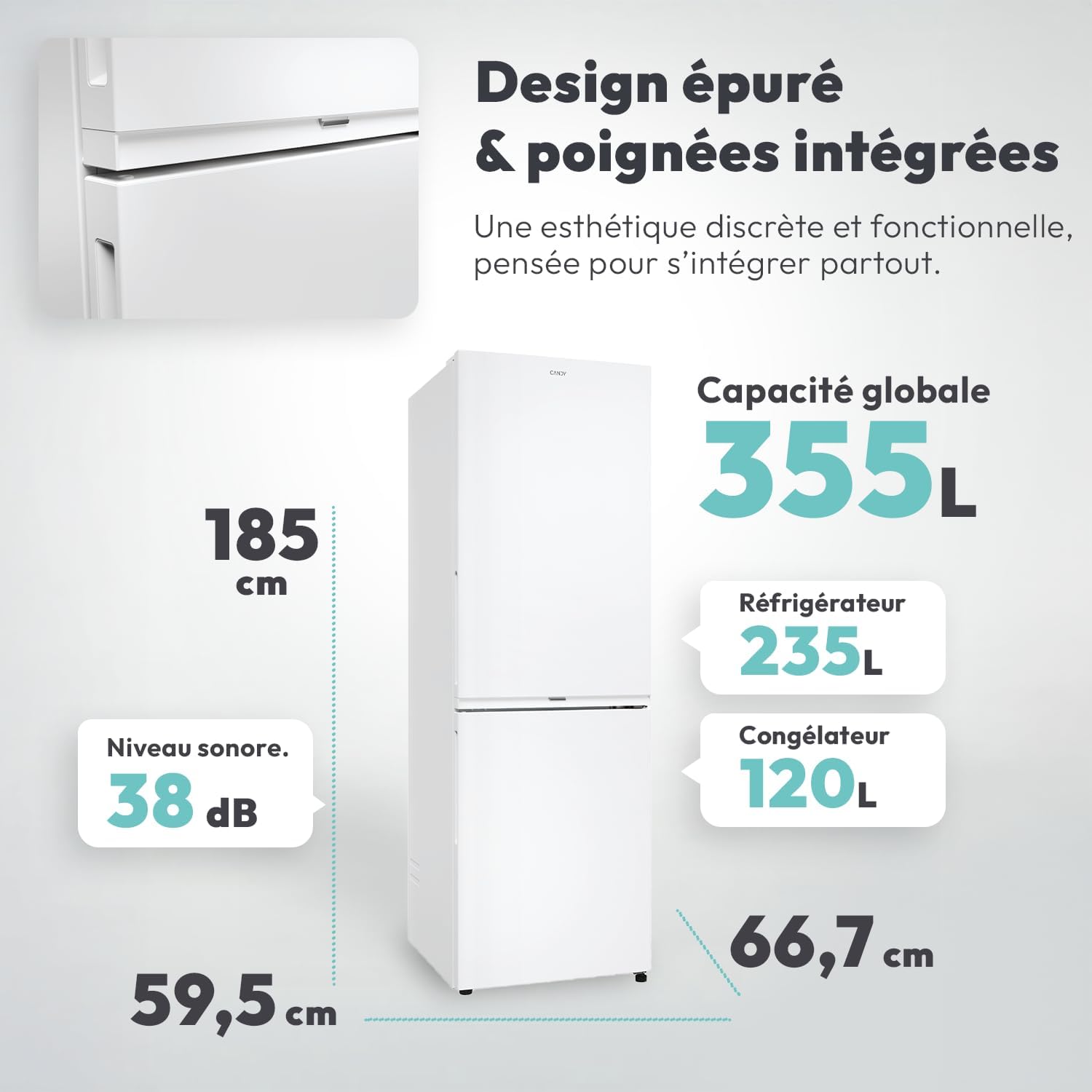 Candy - combiné Circle+ - 185x59,5x66,7 cm - No Frost, 355L, classe E - CNCQ2T618EW
