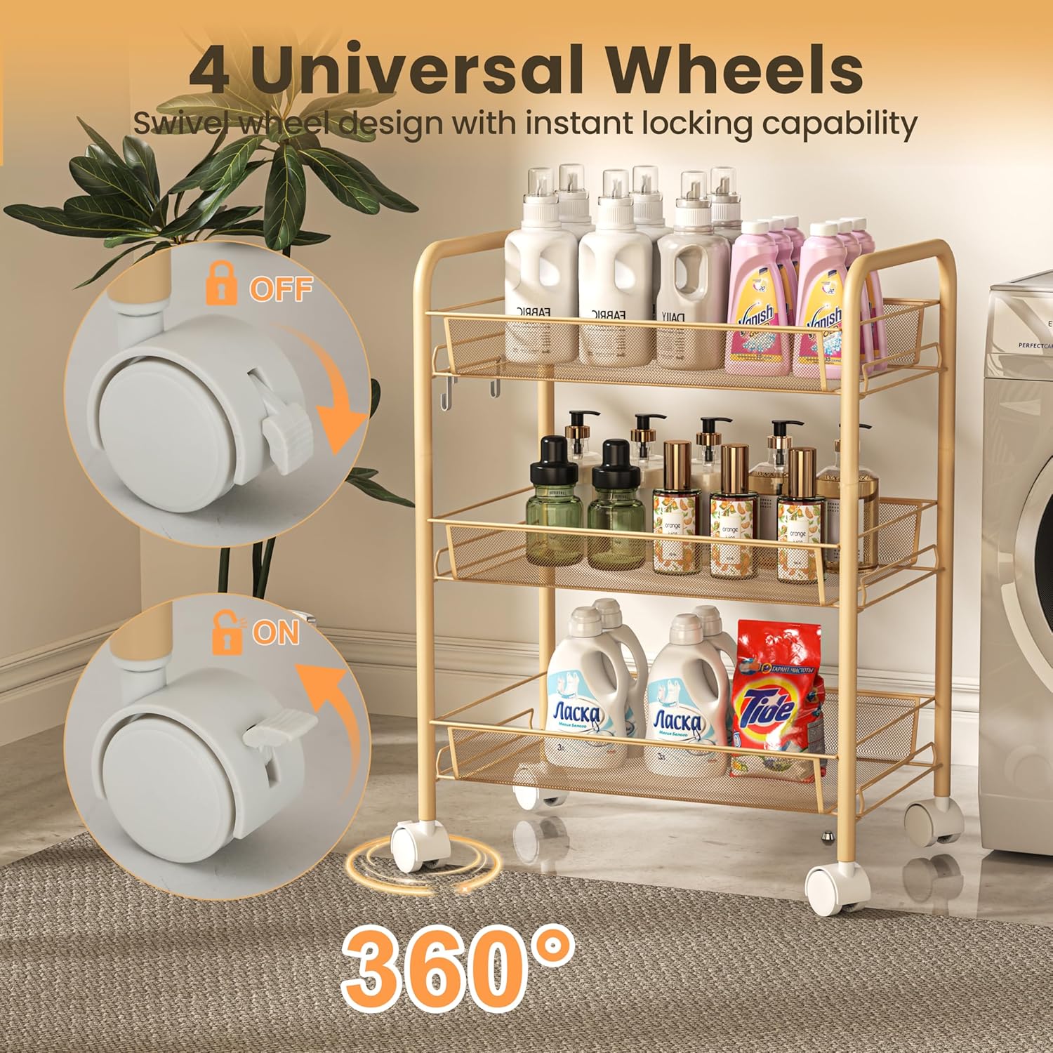 Chariot métallique - 3 étagères, poignées, roulettes, orange, cuisine