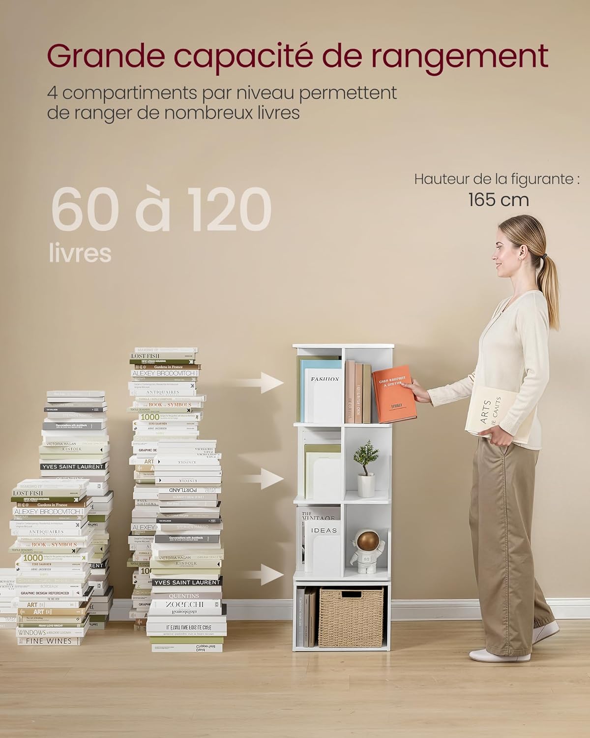 VASAGLE - Custos Collection - 40x40x124,6 cm - bibliothèque rotative 4 niveaux, pivot 360°, blanc nuage LBC471WB01