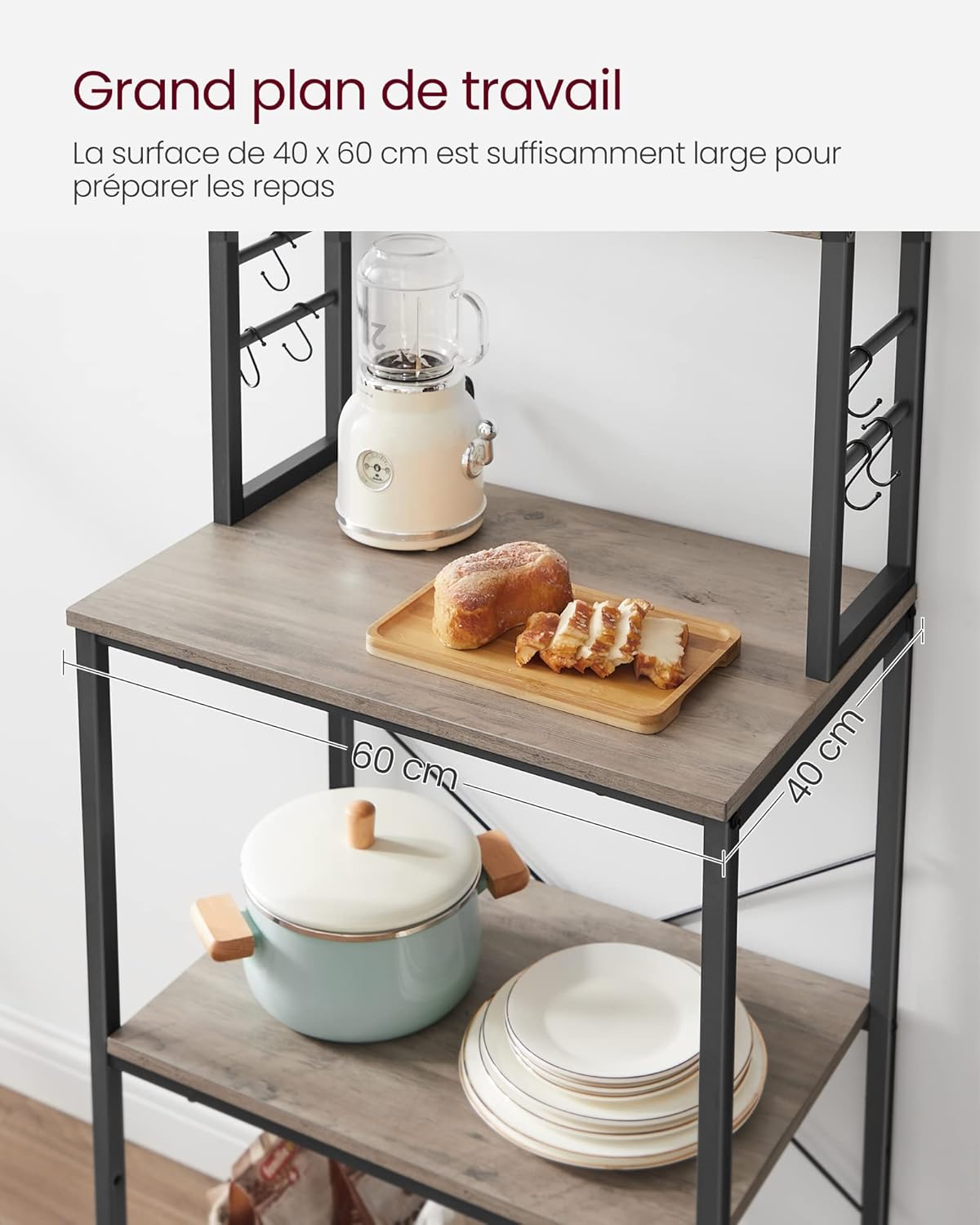 VASAGLE - étagère cuisine 40x60x167 cm, 6 niveaux, 6 crochets, acier, KKS024B02