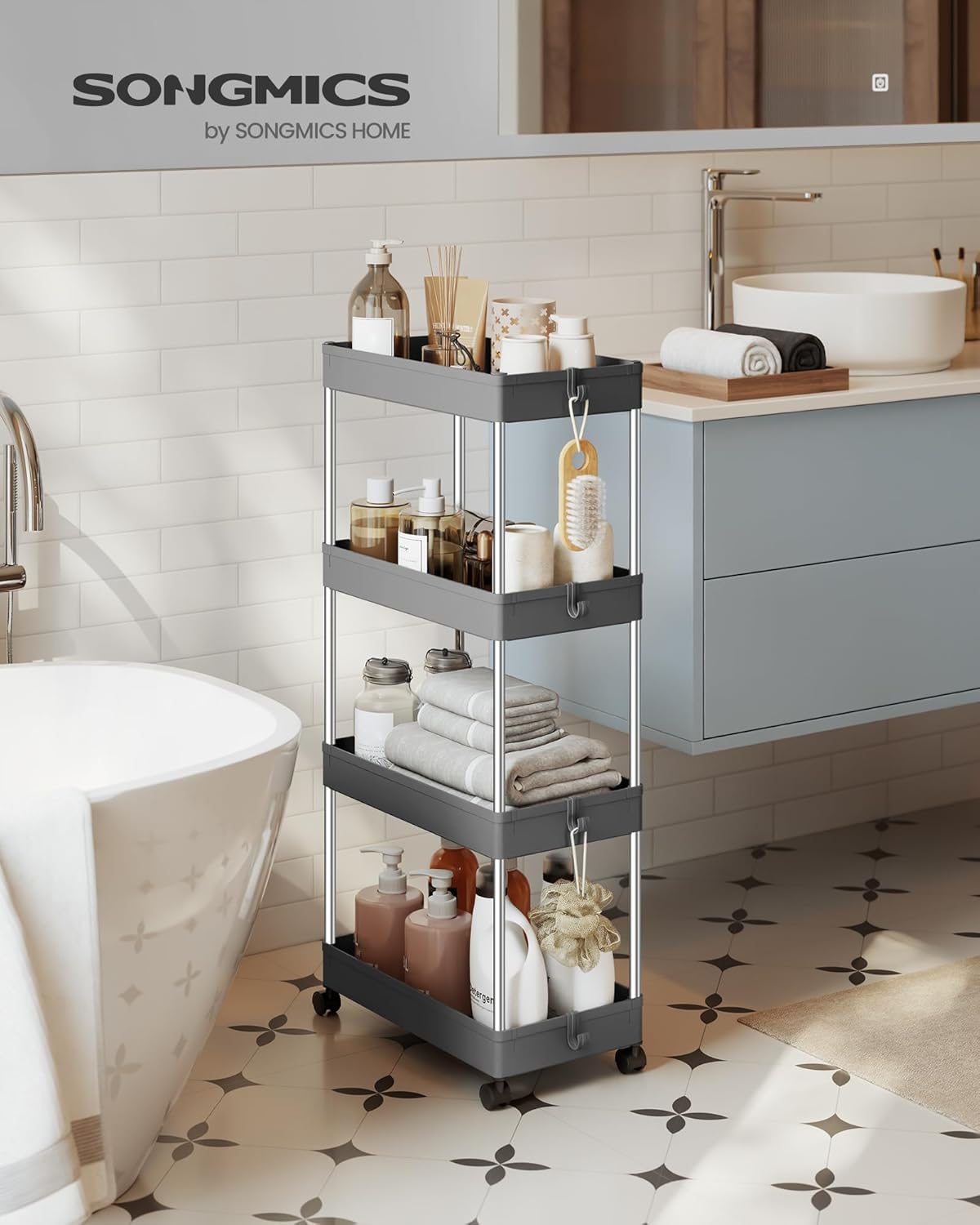 SONGMICS - chariot cuisine 4 niveaux - 23,6x42x86cm - acier, 6 crochets KSC010G01