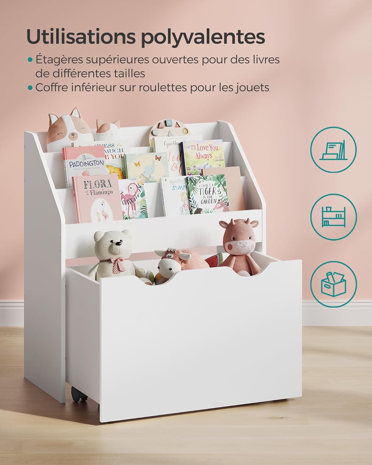 SONGMICS - Étagère enfants 3 compartiments, roulettes, mobile, GKR041W10