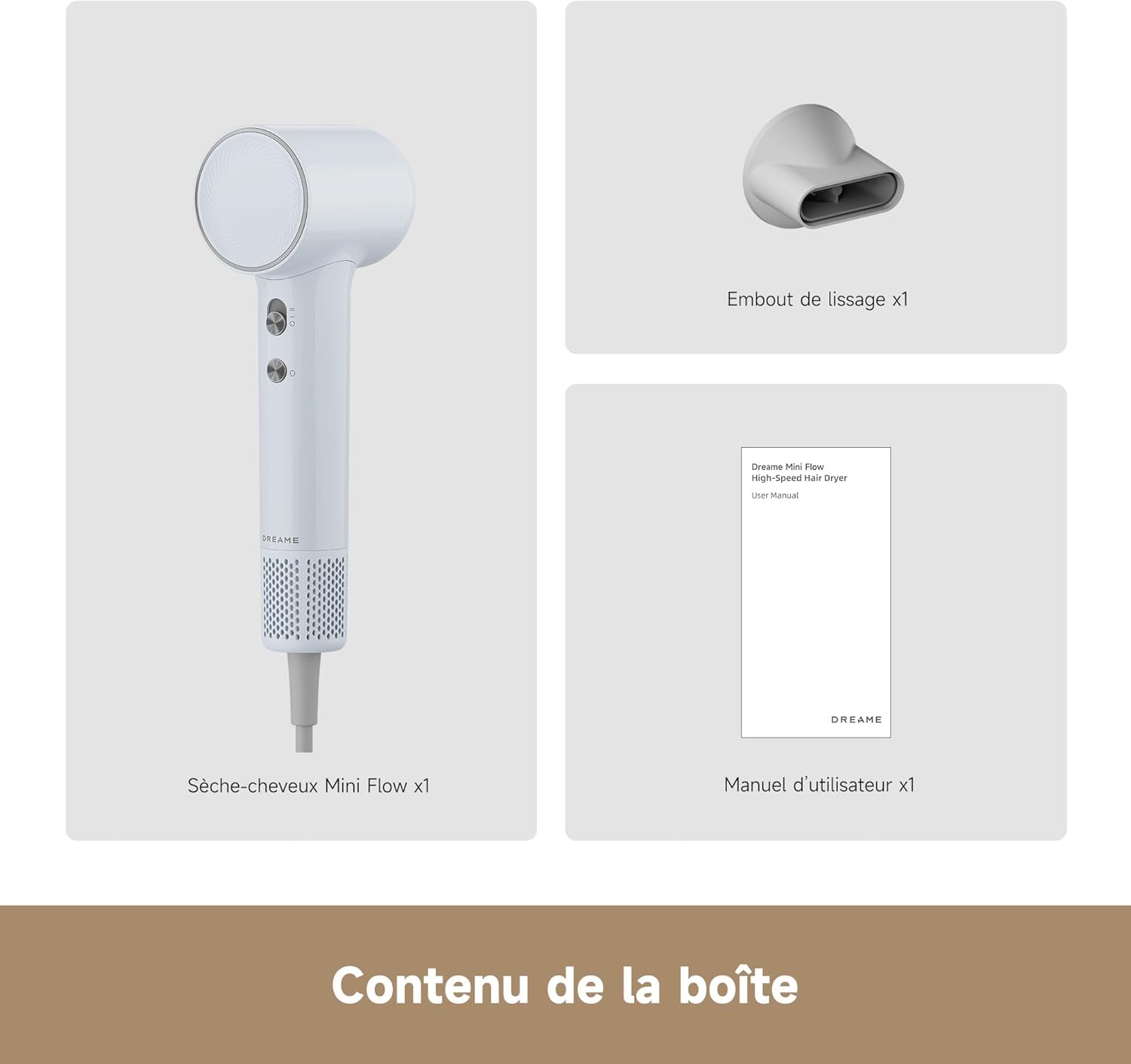 DREAME - Mini Flow - 270g - séchage rapide, moteur 100 000RPM, ions, 5 modes