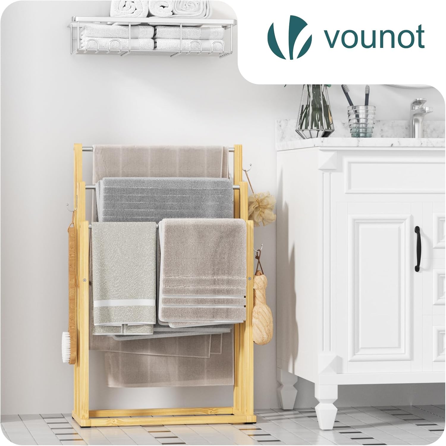 VOUNOT - porte-serviettes autoportant bambou 3 niveaux, crochets, stable