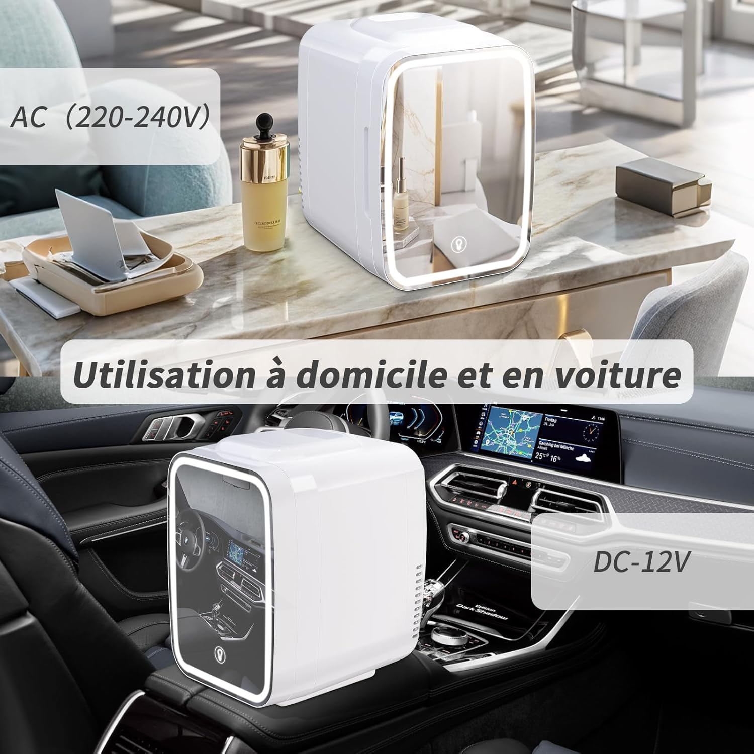 YASHE - Mini frigo 4L - LED miroir, chauffe/refroidit, portable, 220V/12V