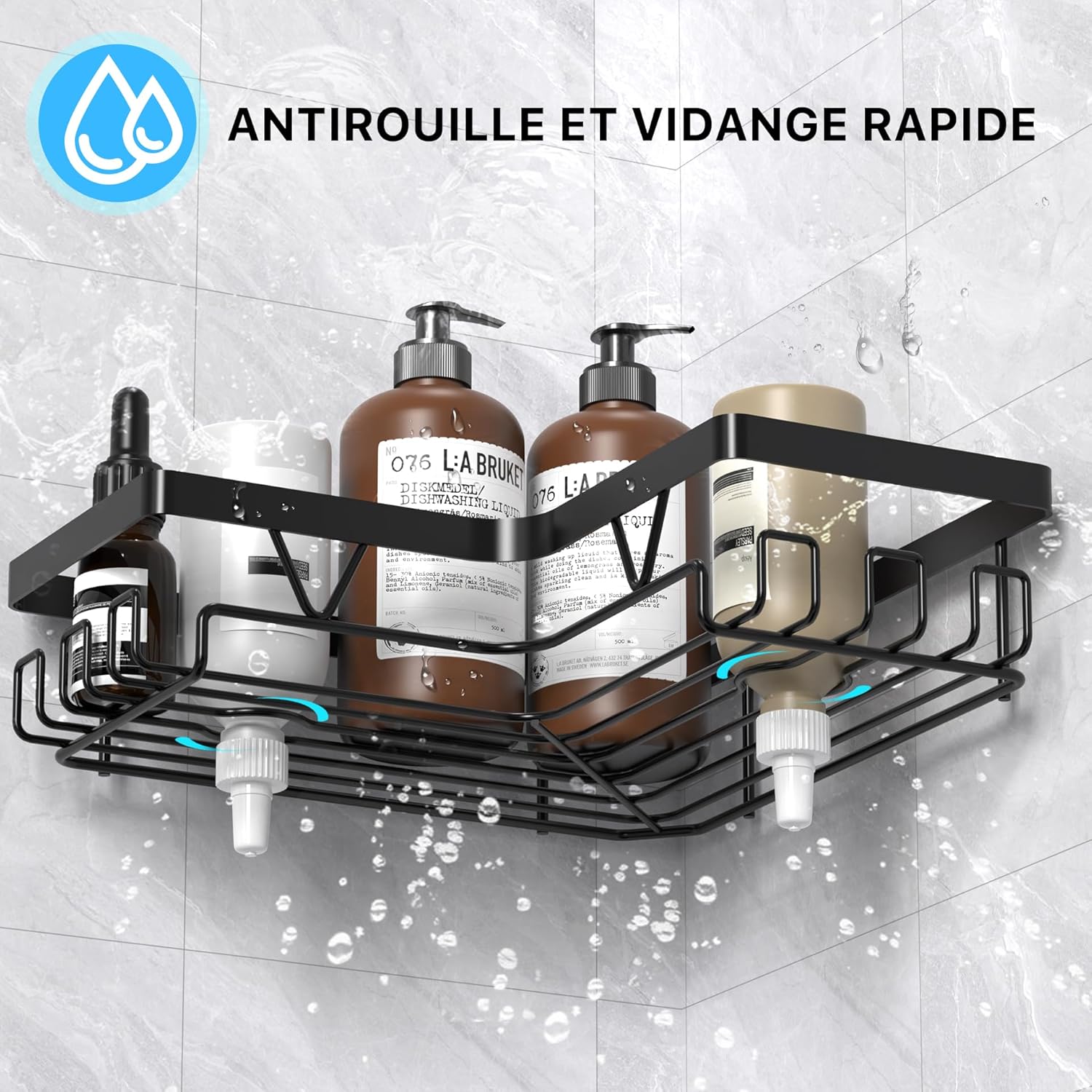 Etagere Douche - rangement salle de bain noir, sans perçage, design compact