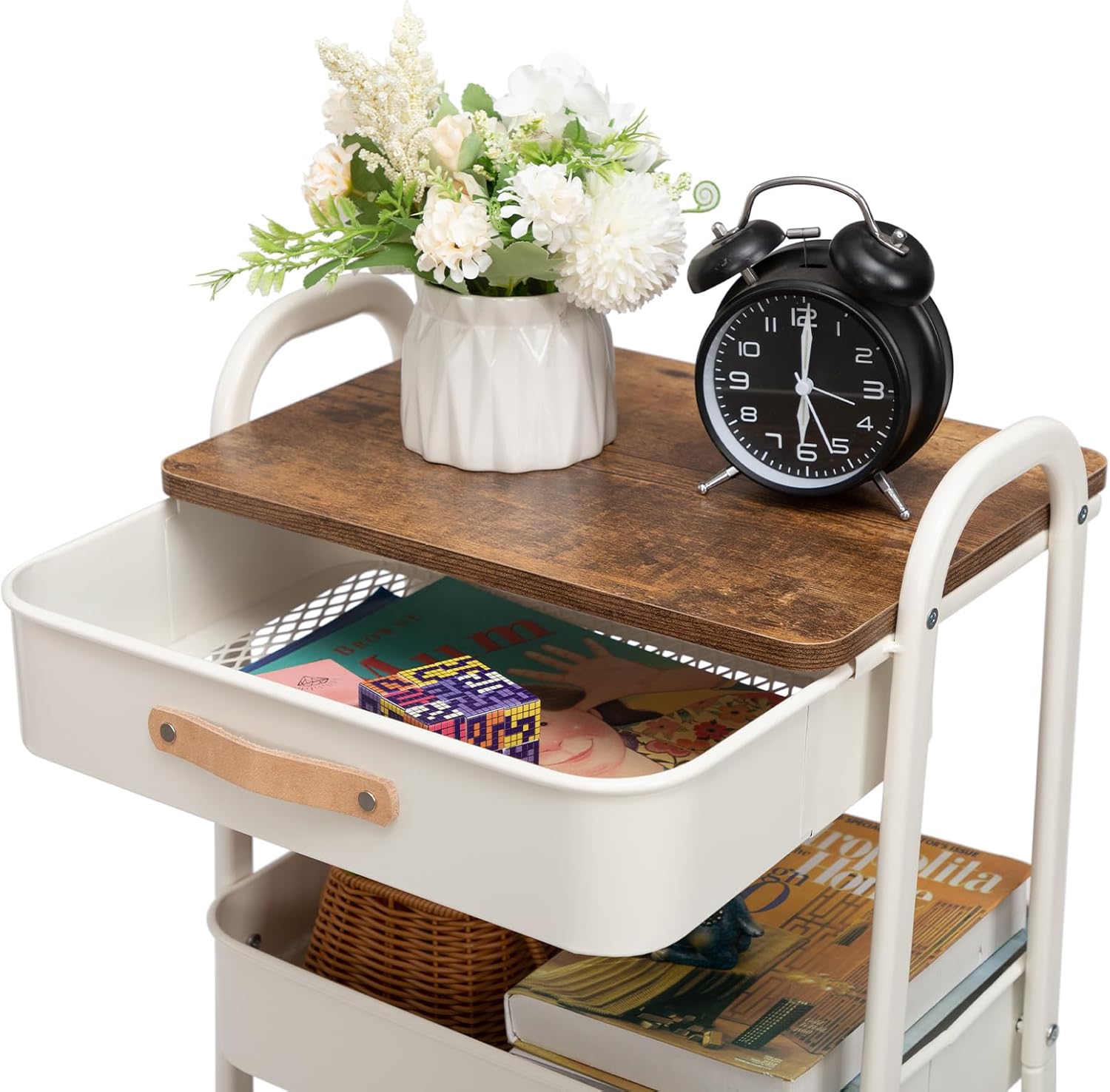 DOEWORKS - chariot de rangement 3 niveaux métal, tiroir, blanc