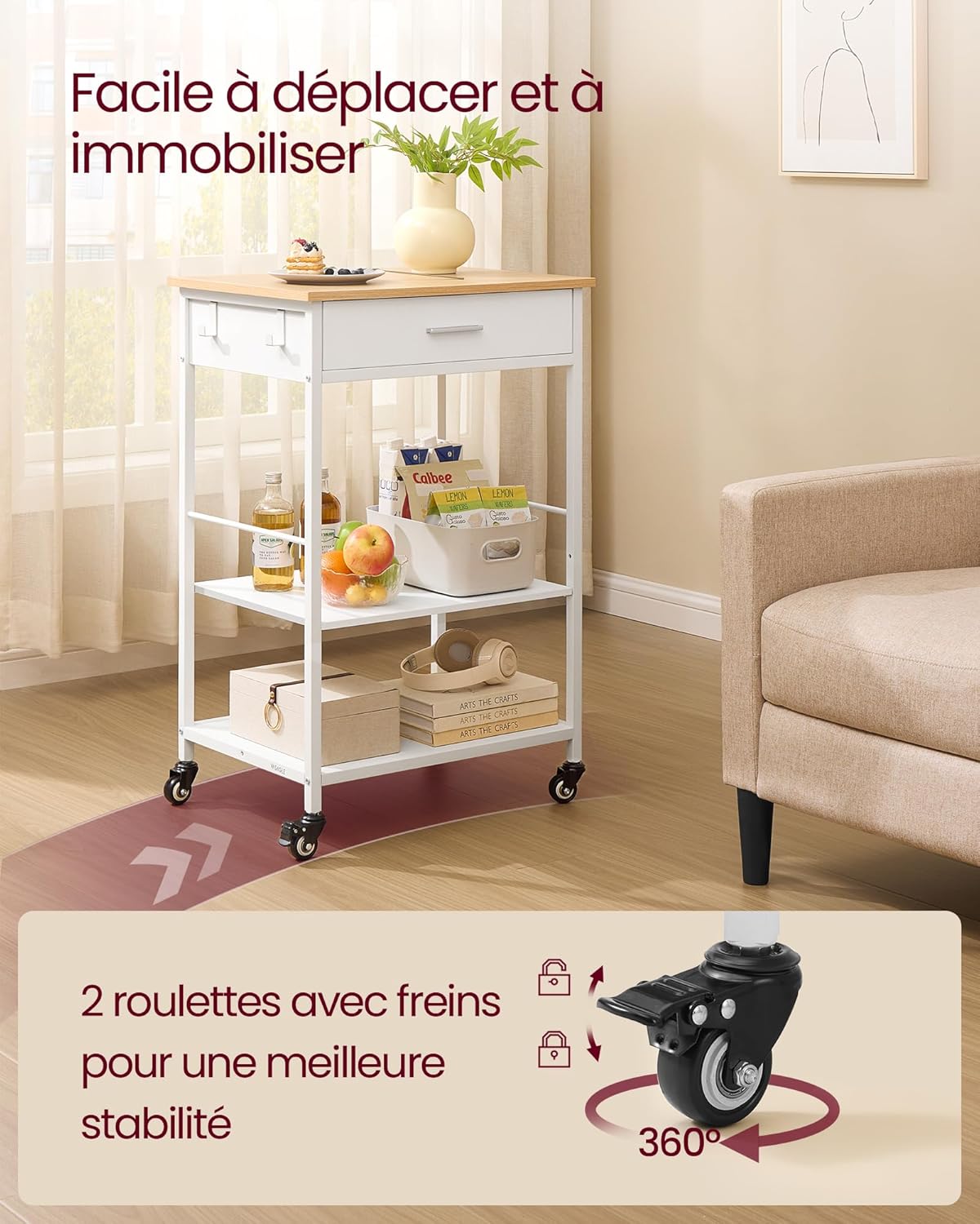 VASAGLE - desserte cuisine mobile - 45x60x90 cm - tiroir, crochets, KKI007Y01