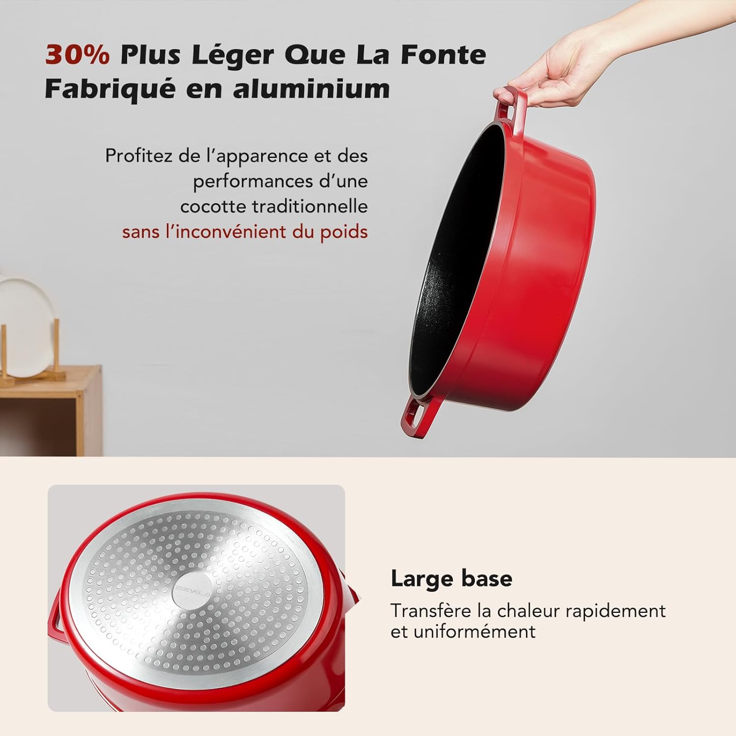 Cocotte fonte ovale 38cm, 11L, fonte alu, revêtement céramique, rouge