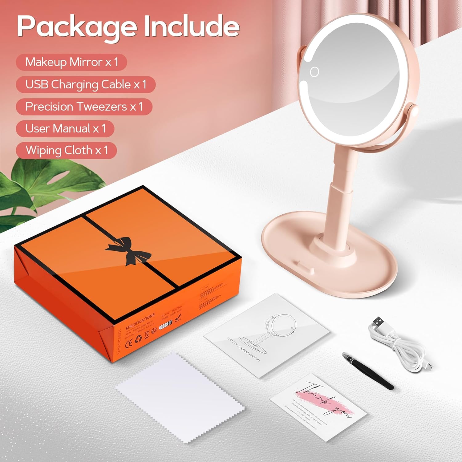 B Beauty Planet - miroir maquillage LED 30X, 2 côtés, 3 lumières, rose