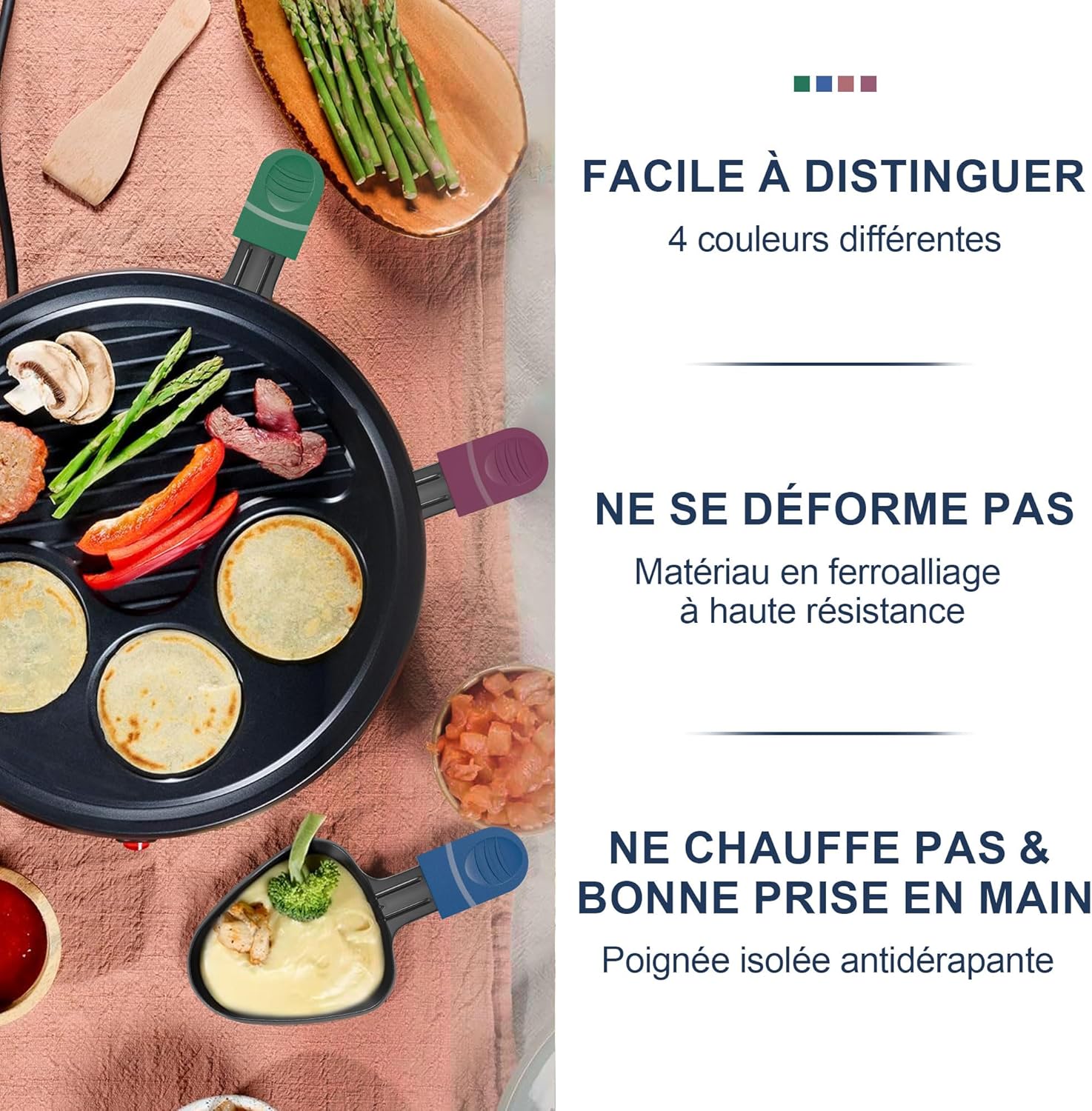 ipow - lot de 8 poêlons à raclette triangle, antiadhésifs, avec spatules