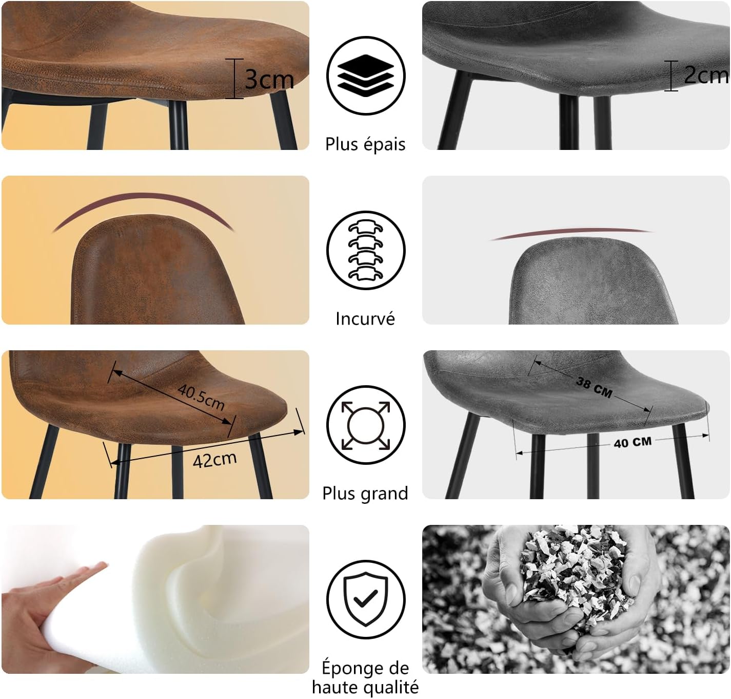 Chaises salle à manger - lot de 4, suédine marron, pieds métal noir, style rétro vintage