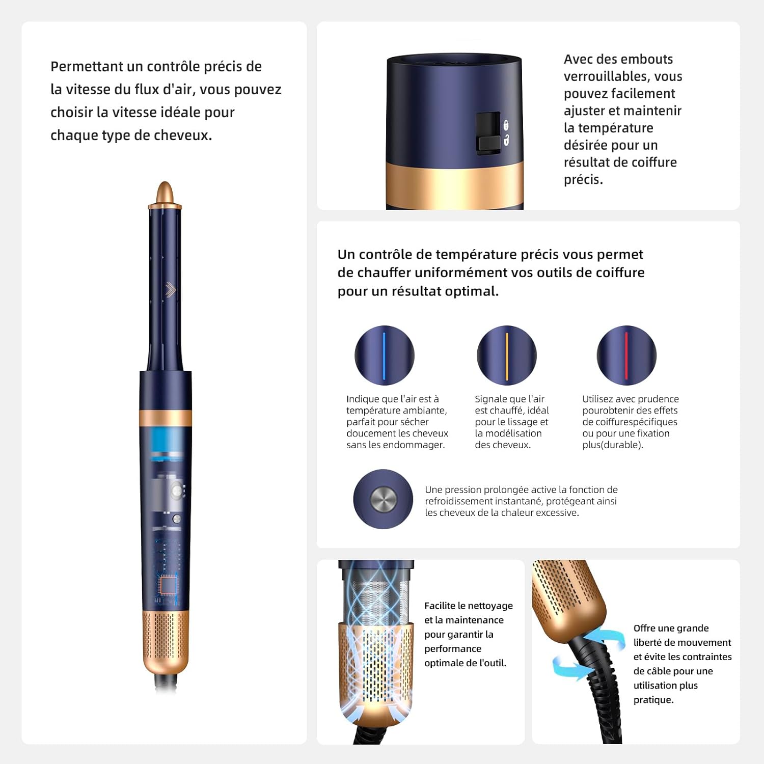 Brosse soufflante 6-en-1, ions, haute vitesse, séchage, bouclage