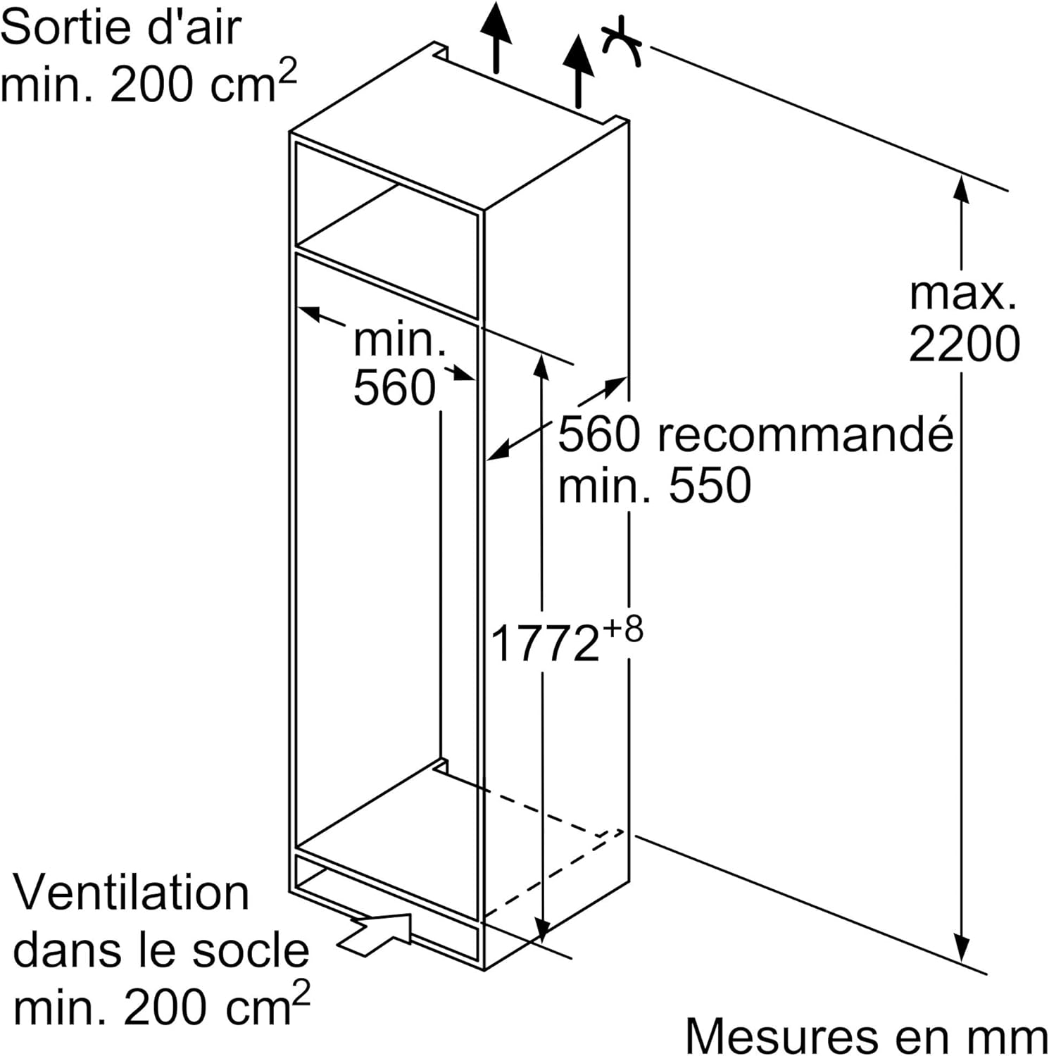 Bosch - Série 2 KIL82NSE0 - 177,2x54,1cm, 280L, réfrigérateur encastrable