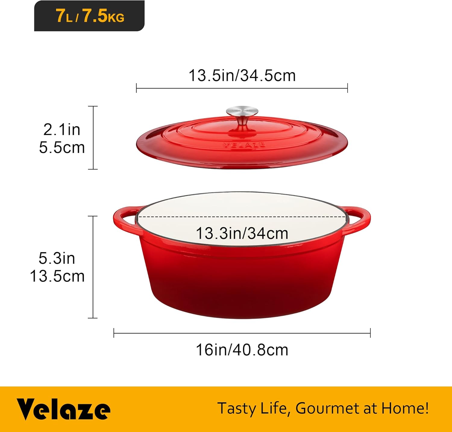 Velaze - Cocotte Ovale Émaillée 7L 34cm - Fonte, Induction, Rouge