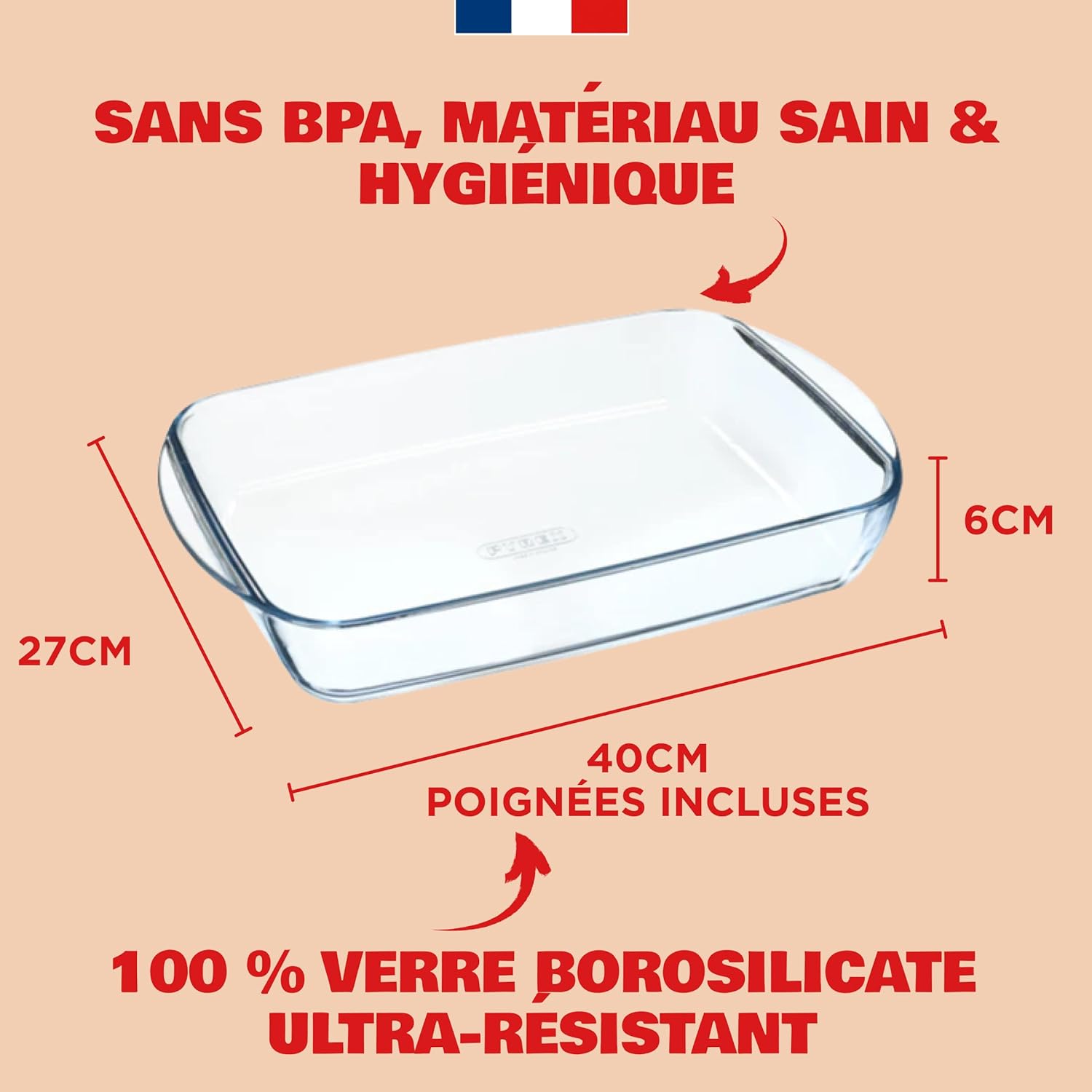 Pyrex - Plat à four rectangulaire 3,7L - verre borosilicate, poignées larges, spécial lasagnes