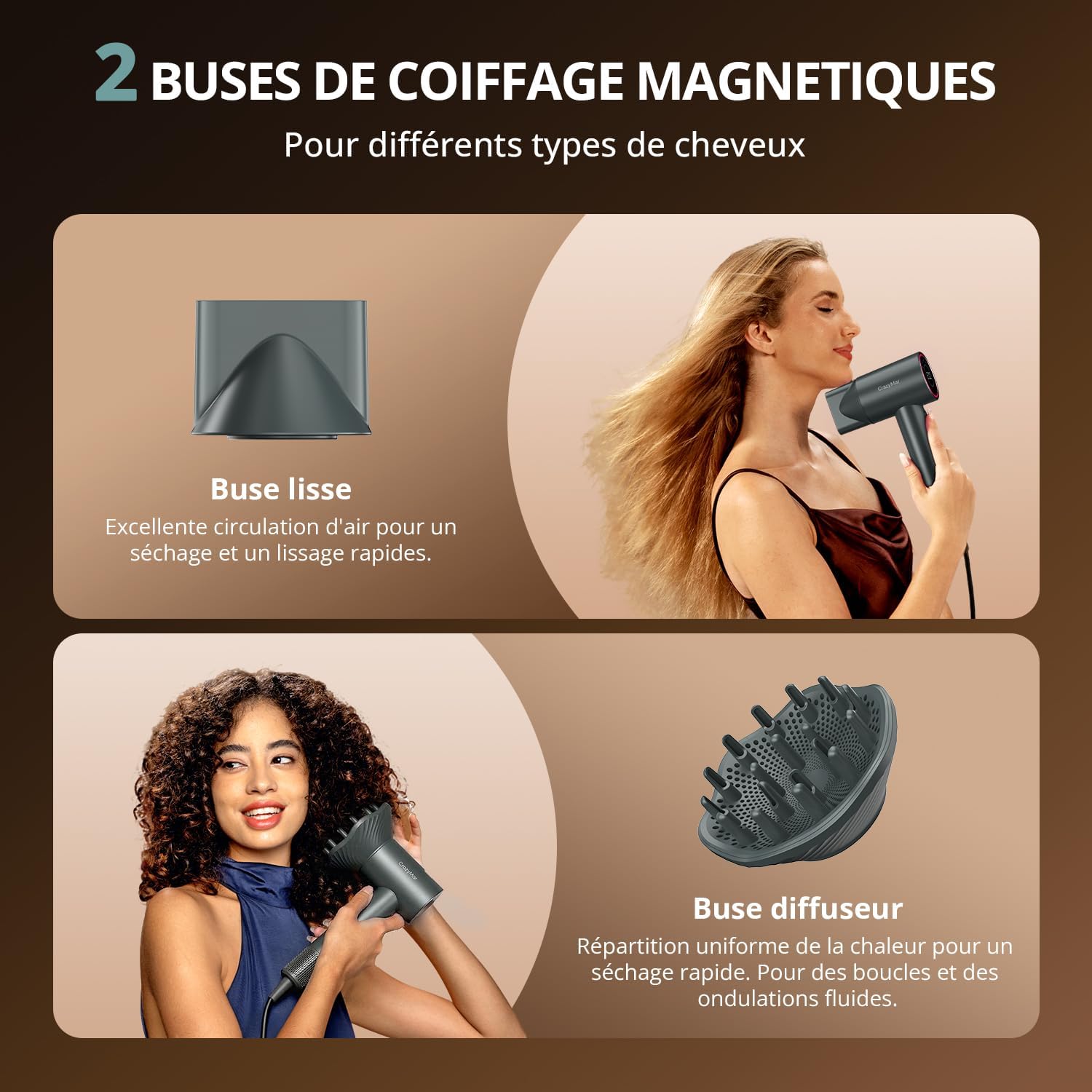 Sèche-cheveux ionique - 180000 tr/min - compact, 4 températures, séchage rapide, protection surchauffe, silencieux