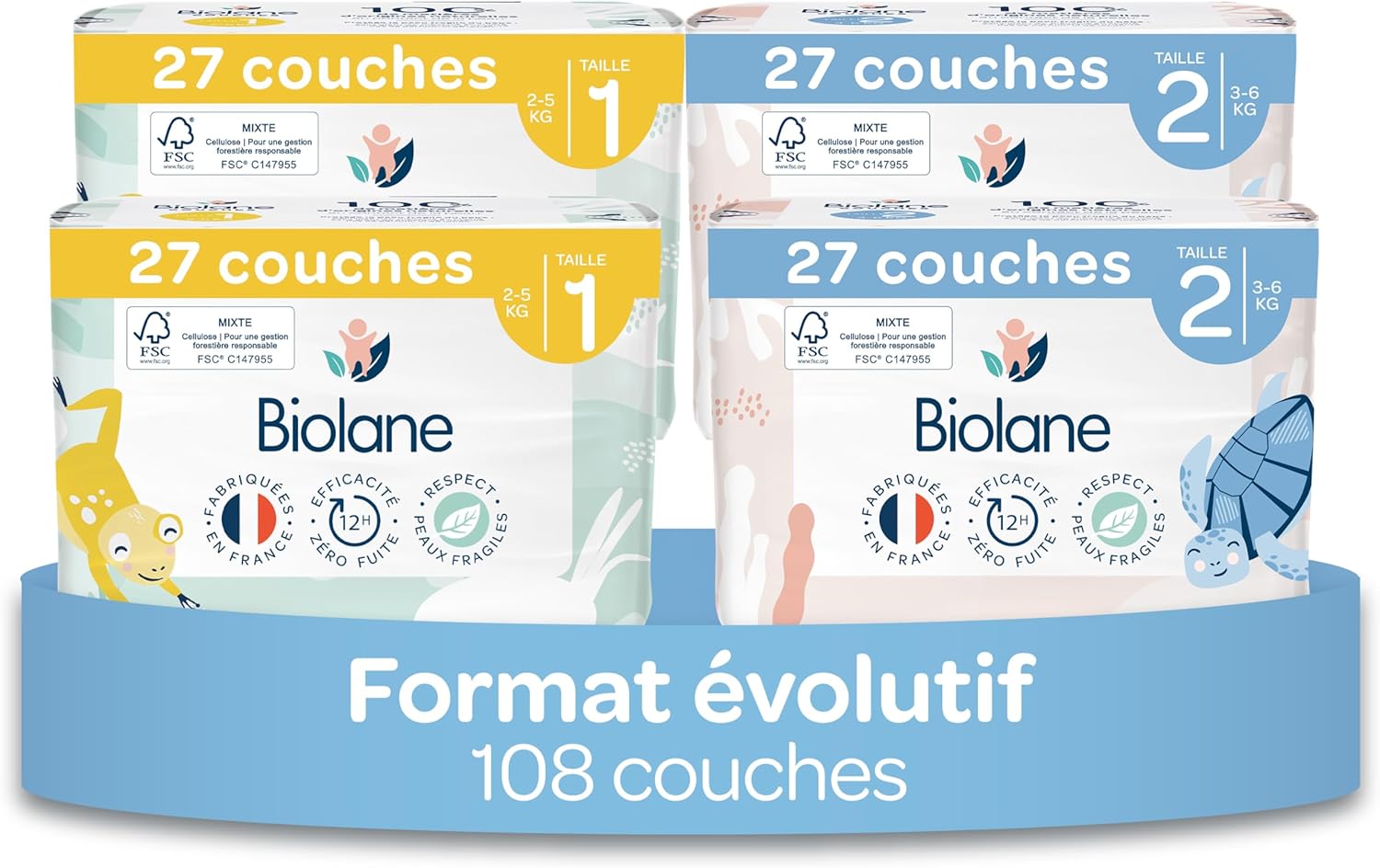 Biolane - Duo évolutif couches bébé T1&T2 - 2-6kg - Ultra absorbantes peaux sensibles