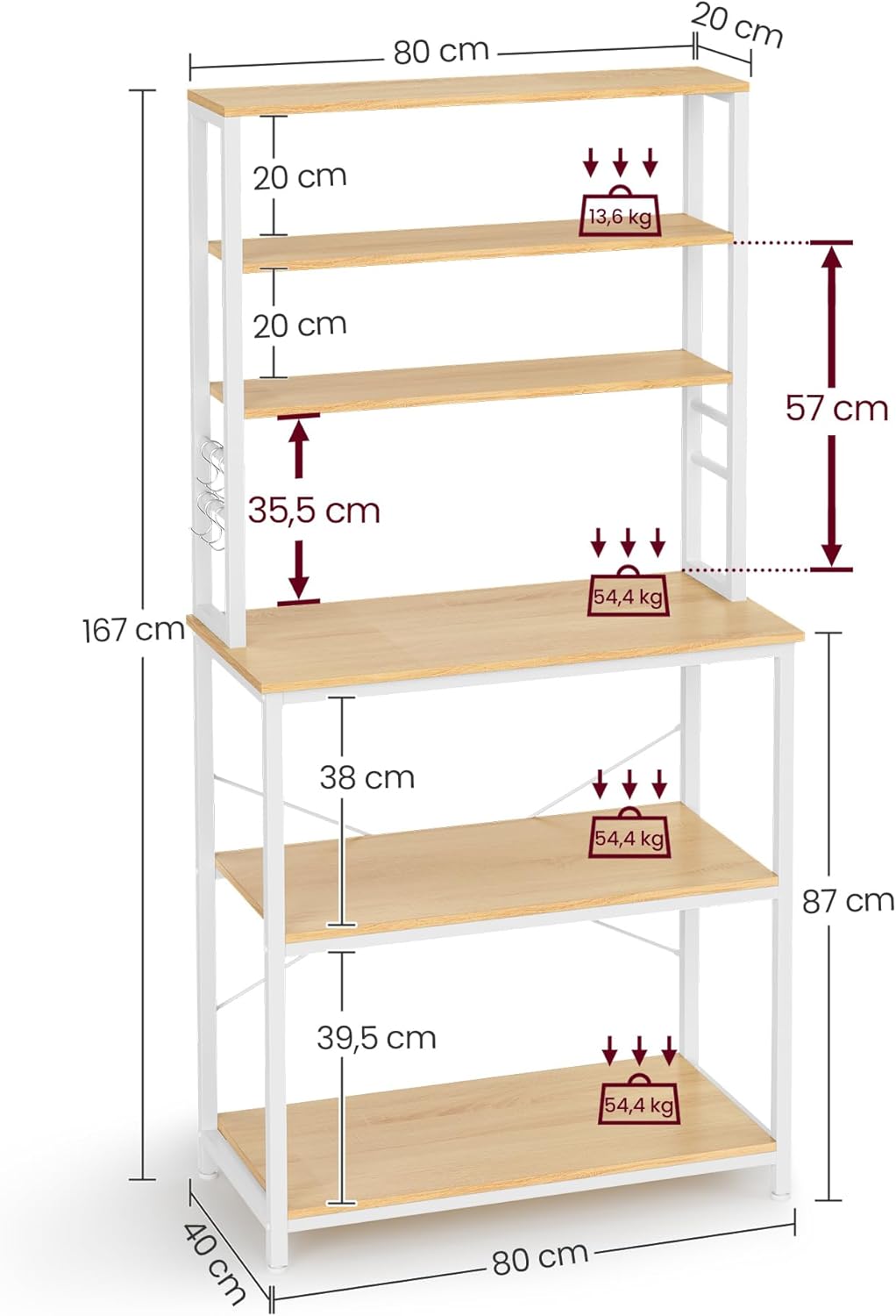 VASAGLE - étagère cuisine industrielle, 40x80x167cm, 6 niveaux, 6 crochets, KKS019W09
