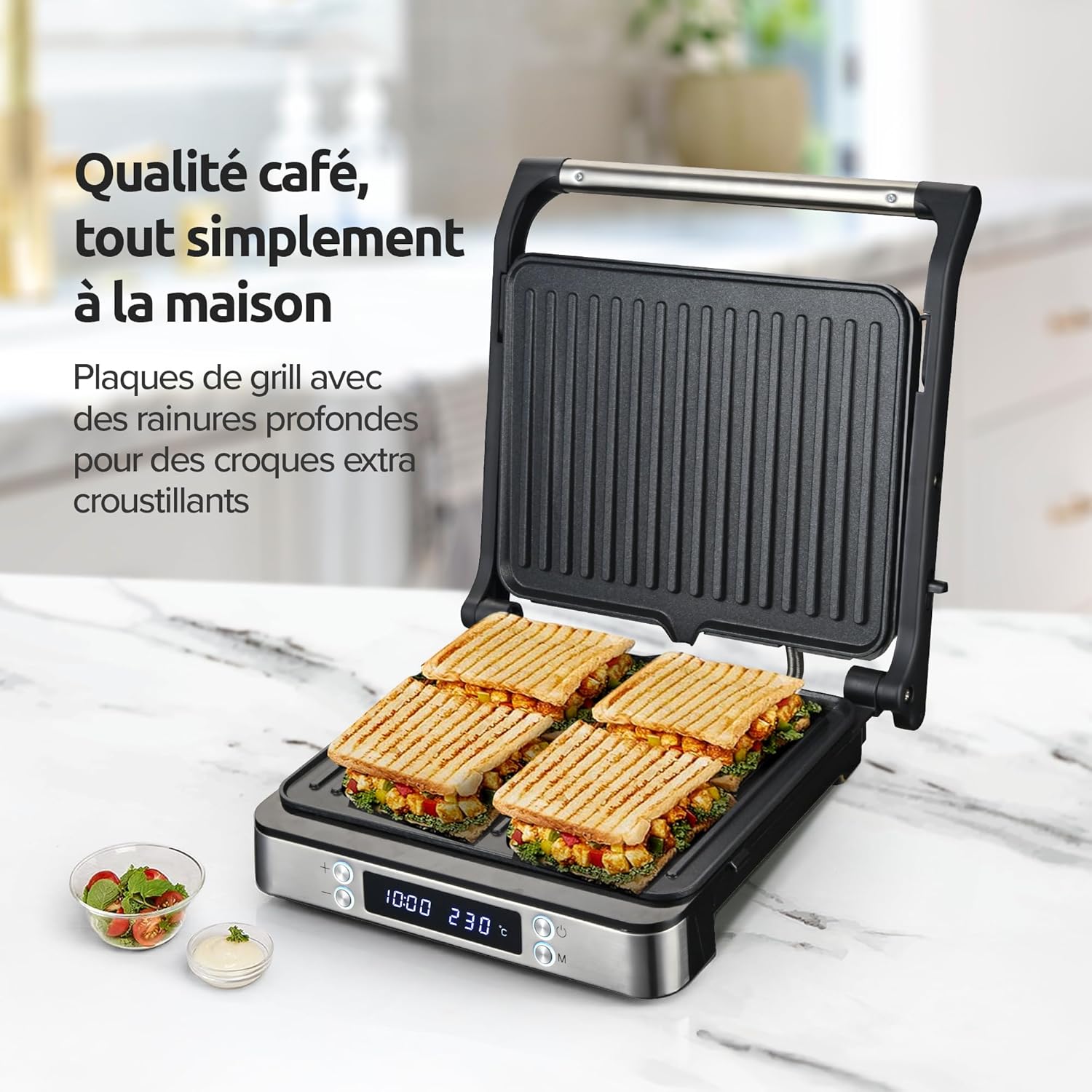 Olvy - Appareil à Croque-Monsieur 3-en-1, 2000W, plaques antiadhésives, ouverture 180°, température réglable, minuterie,