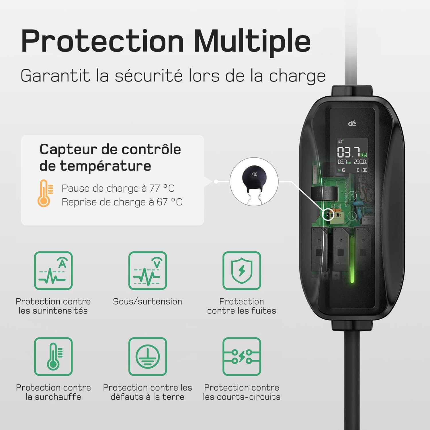 Chargeur voiture électrique - 20m - 3,68kW, LCD, Type 2, 6-16A