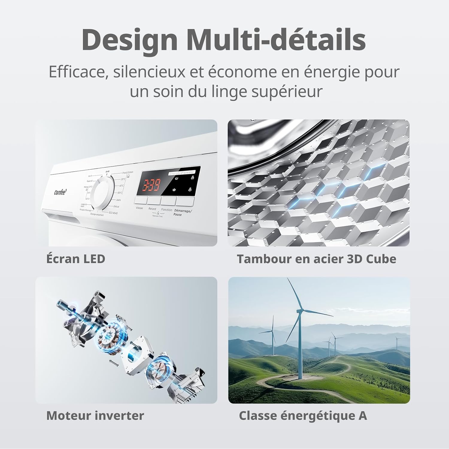 COMFEE' - Lave-linge frontal 8kg, classe A, moteur BLDC, 15 programmes, CFE12EW80/W-FR