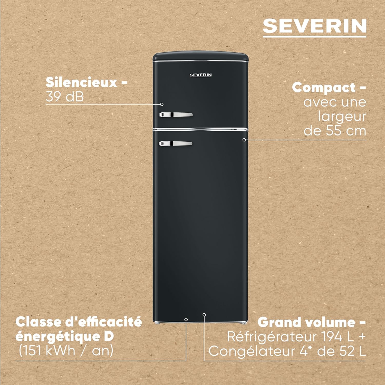 SEVERIN - Rétro 2 portes - 55cm - 246L, Classe D, noir mat, RKG 8984