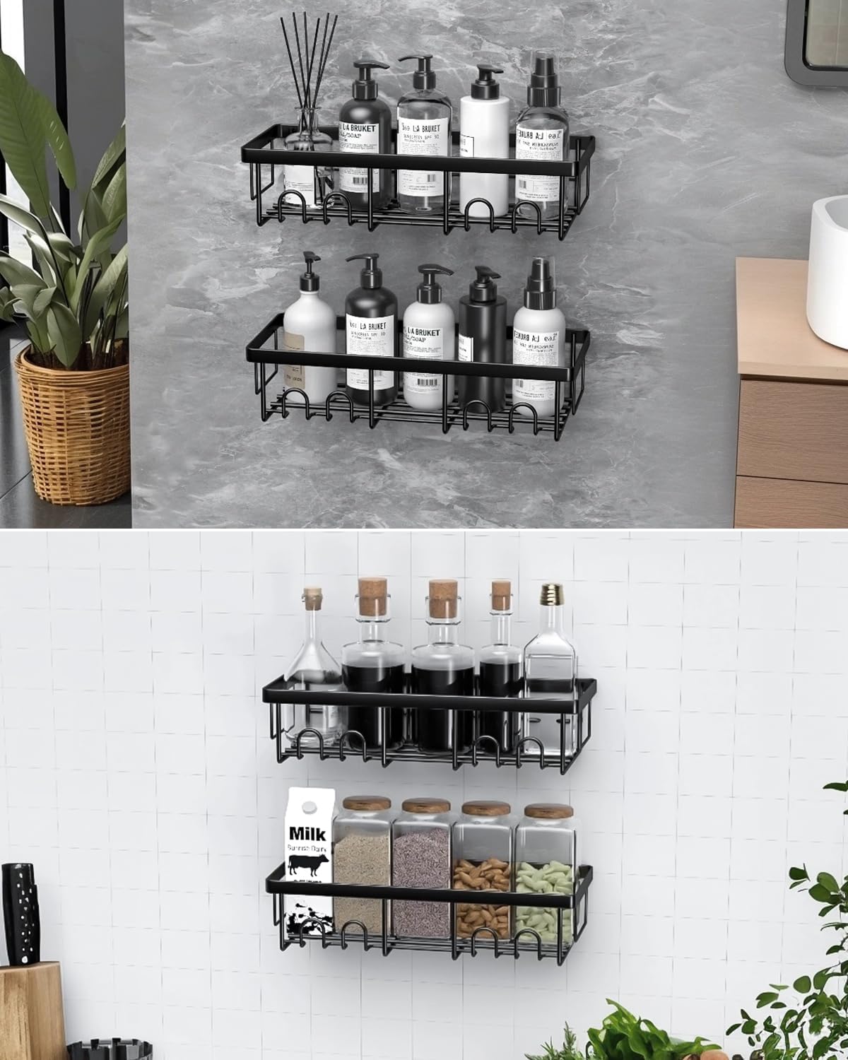 AceMining - lot de 4 étagères salle de bain, sans perçage, noir