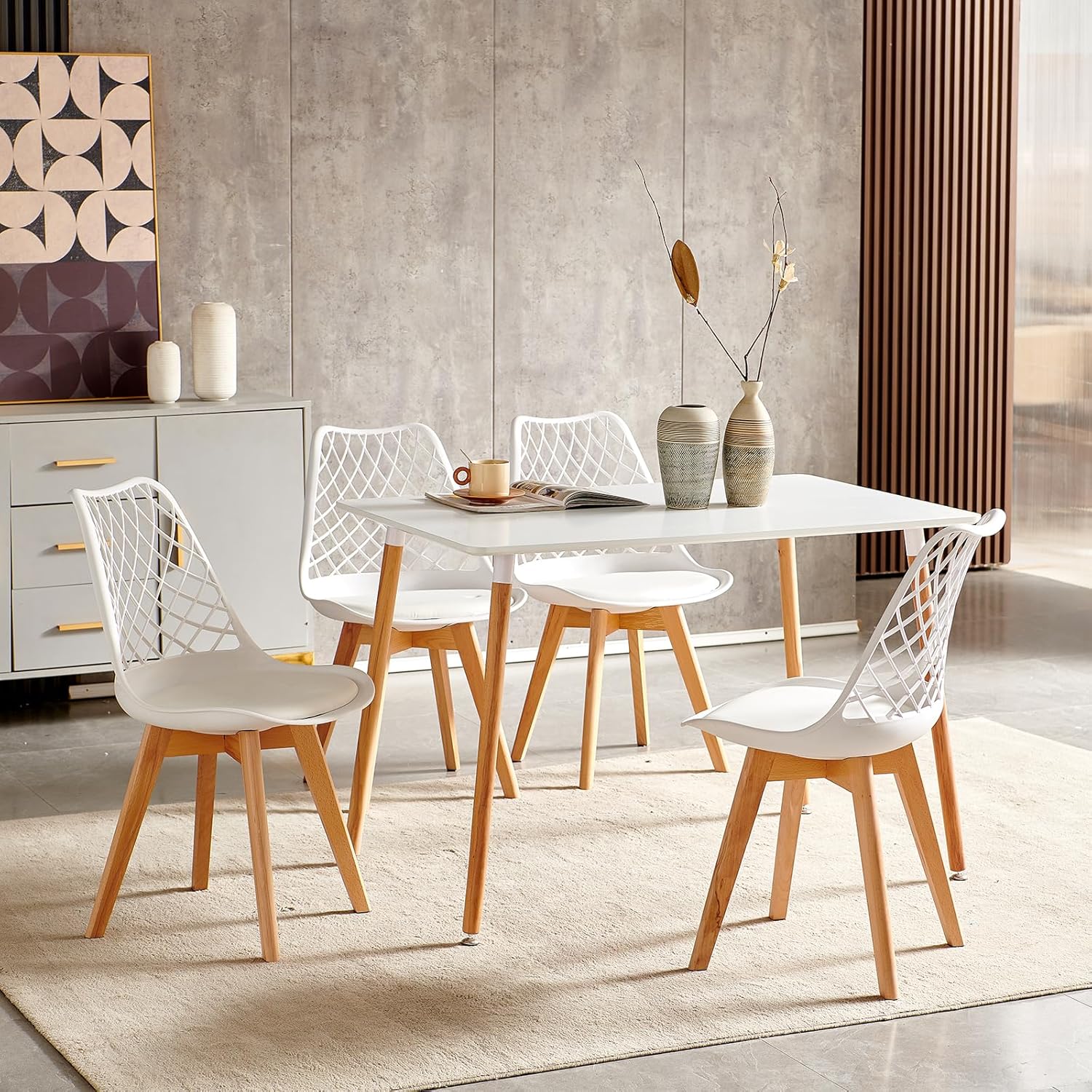 EGGREE - chaise scandinave creusée - bois hêtre, coussin, motif ajouré, blanc