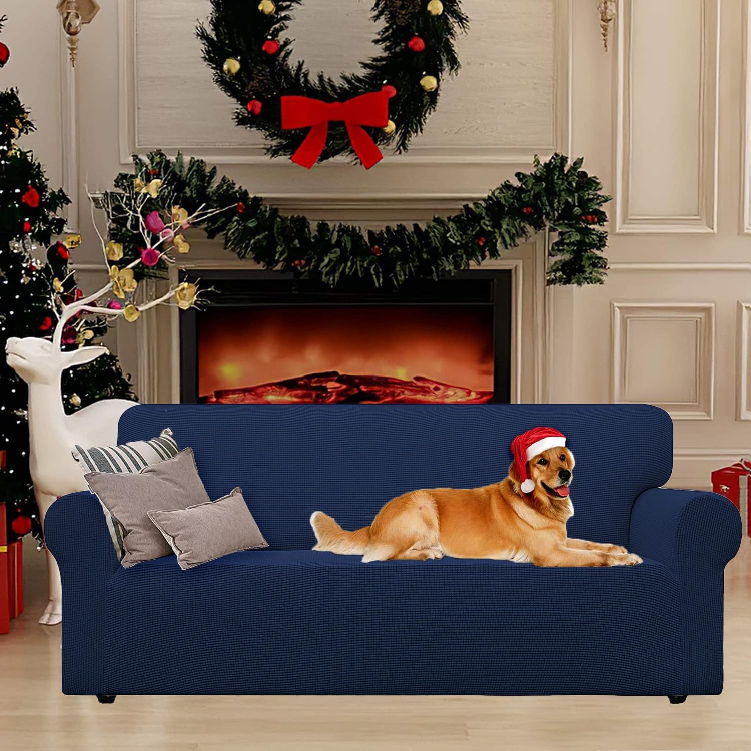 Housse canapé 3 places - extensible, lavable, antidérapante, bleu foncé