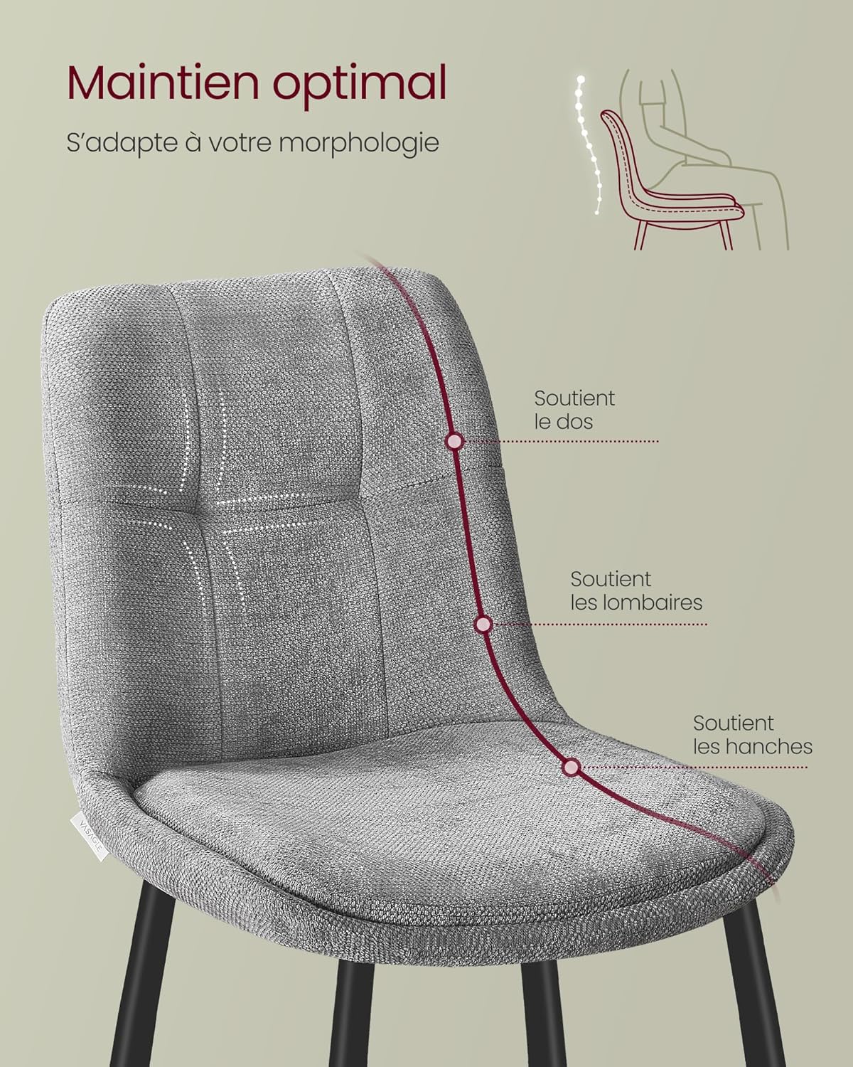 VASAGLE - Lot de 4 chaises salle à manger, pieds métal, double coussin, 120 kg,  KDC151G14