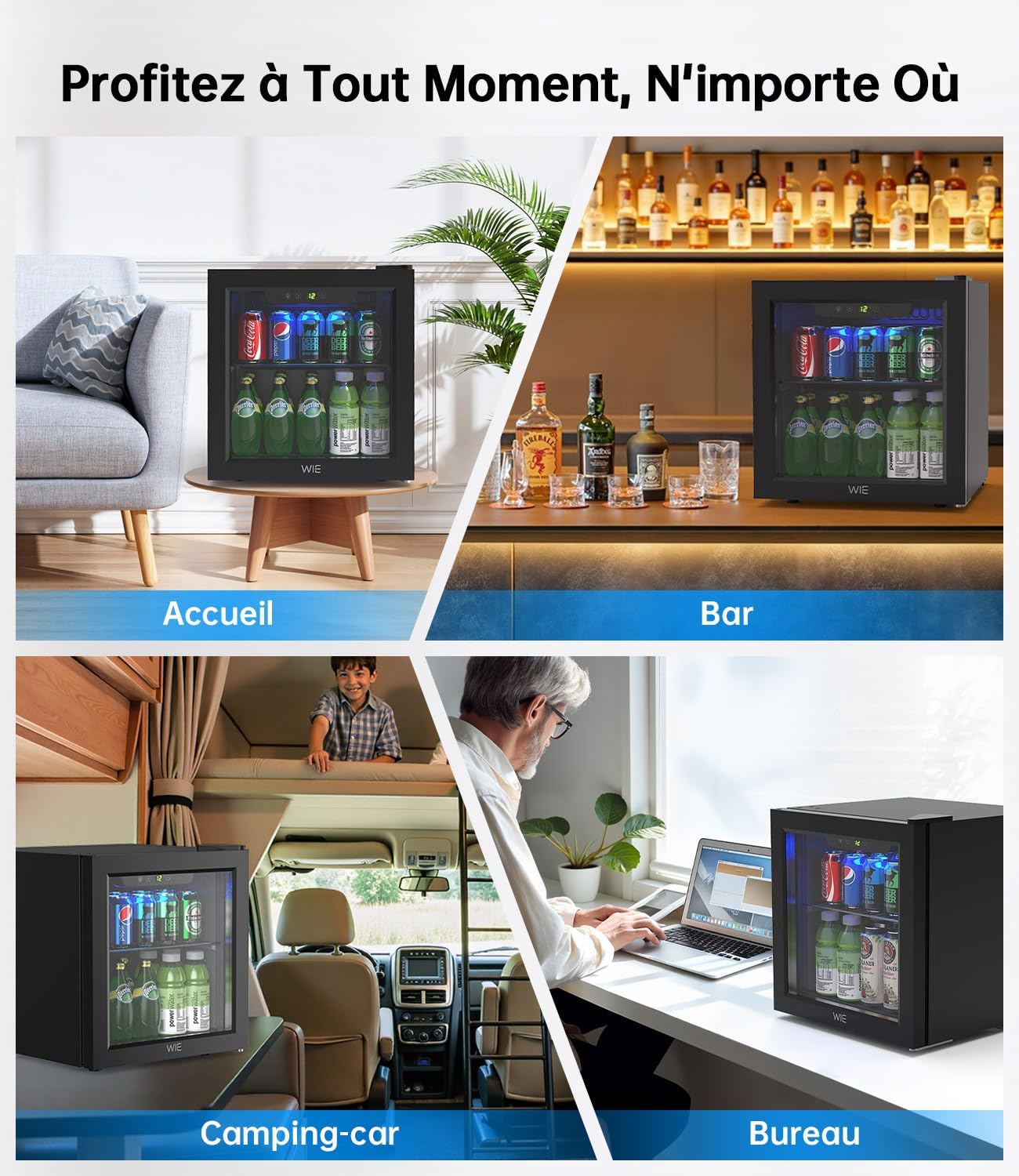 WIE - Mini Réfrigérateur 36L vitré, silencieux, 55 canettes, compact