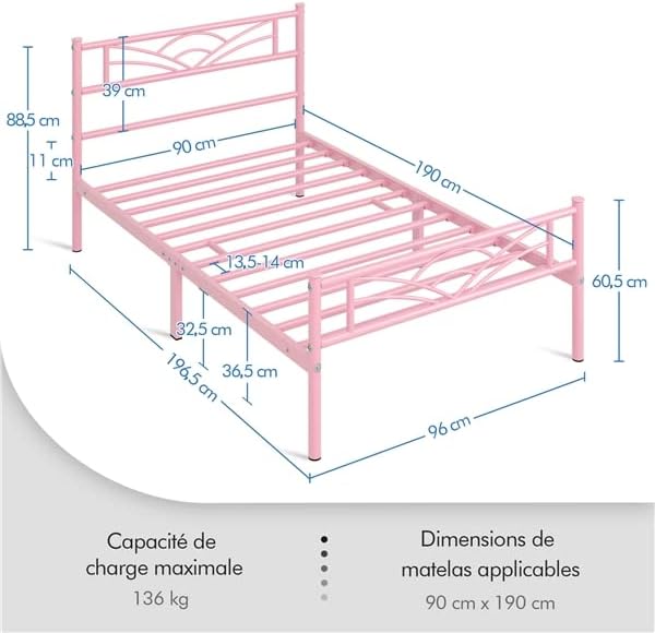 Yaheetech - lit simple métal - 90x190 cm - montage facile, rose