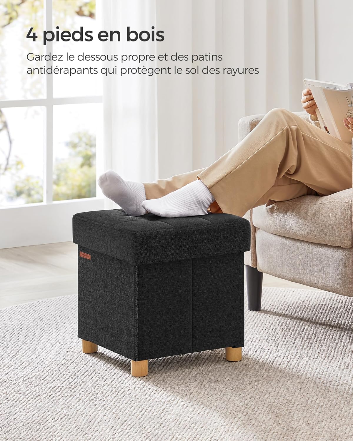 SONGMICS - Tabouret de rangement pliable 38x38x40cm, 300kg, noir, LSF014B11