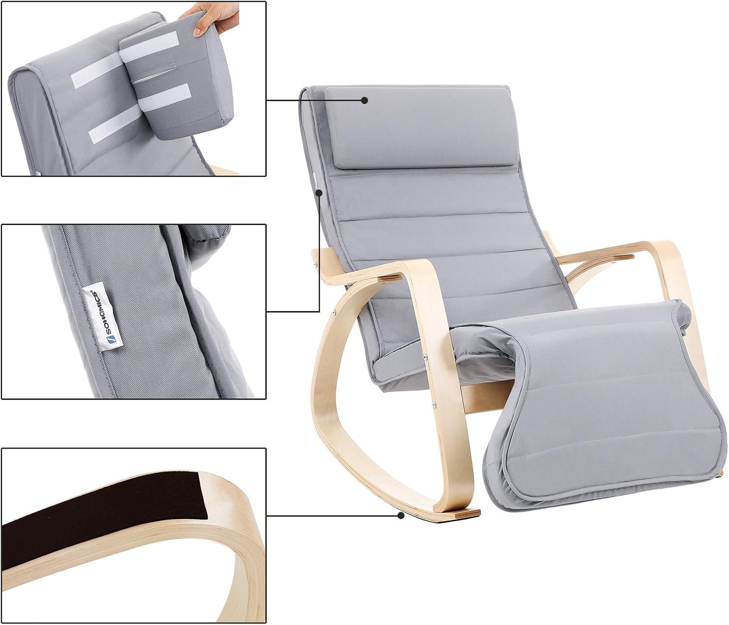 SONGMICS - fauteuil à bascule - 115x67x91 cm - bois, gris, 5 positions, 150kg - LYY42G