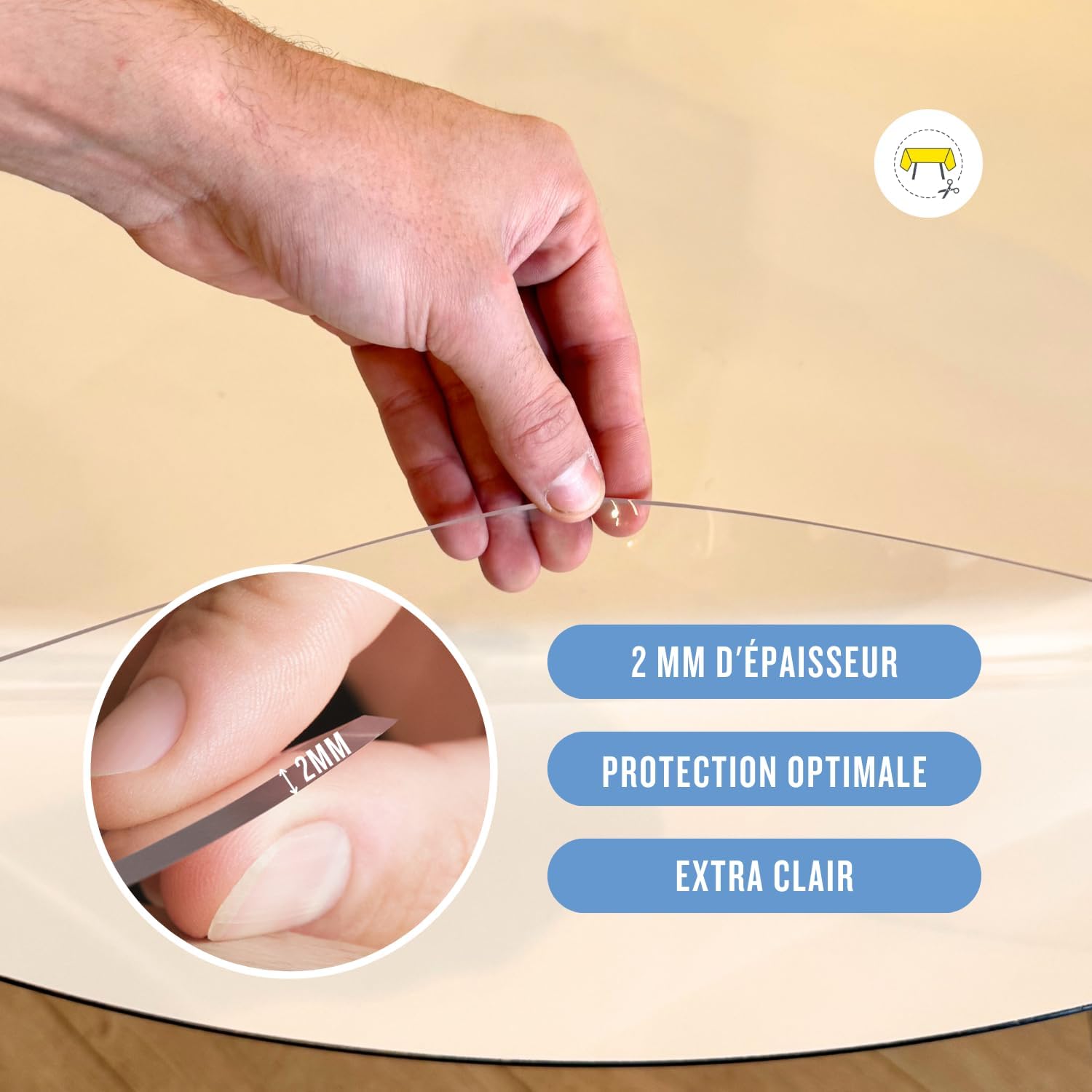 Nappe ronde transparente - 170 cm Ø - 2mm épais, bords inclinés, anti-tache, usage intérieur/extérieur
